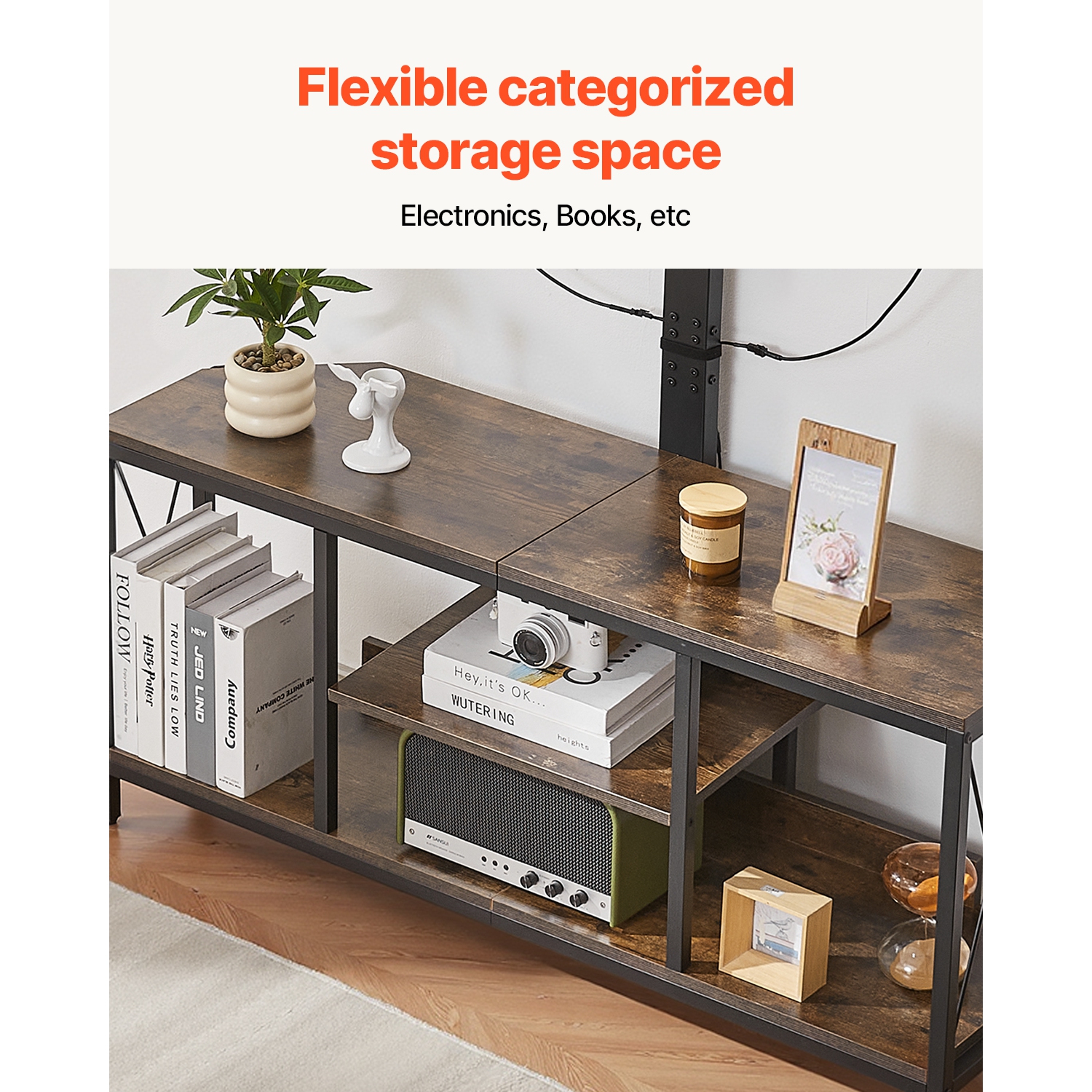 VEVOR 45" TV Stand with Mount for up to 75 in TVs, Entertainment Center with Power Outlet & LED Lights, Height Adjustable TV Console with Mount with