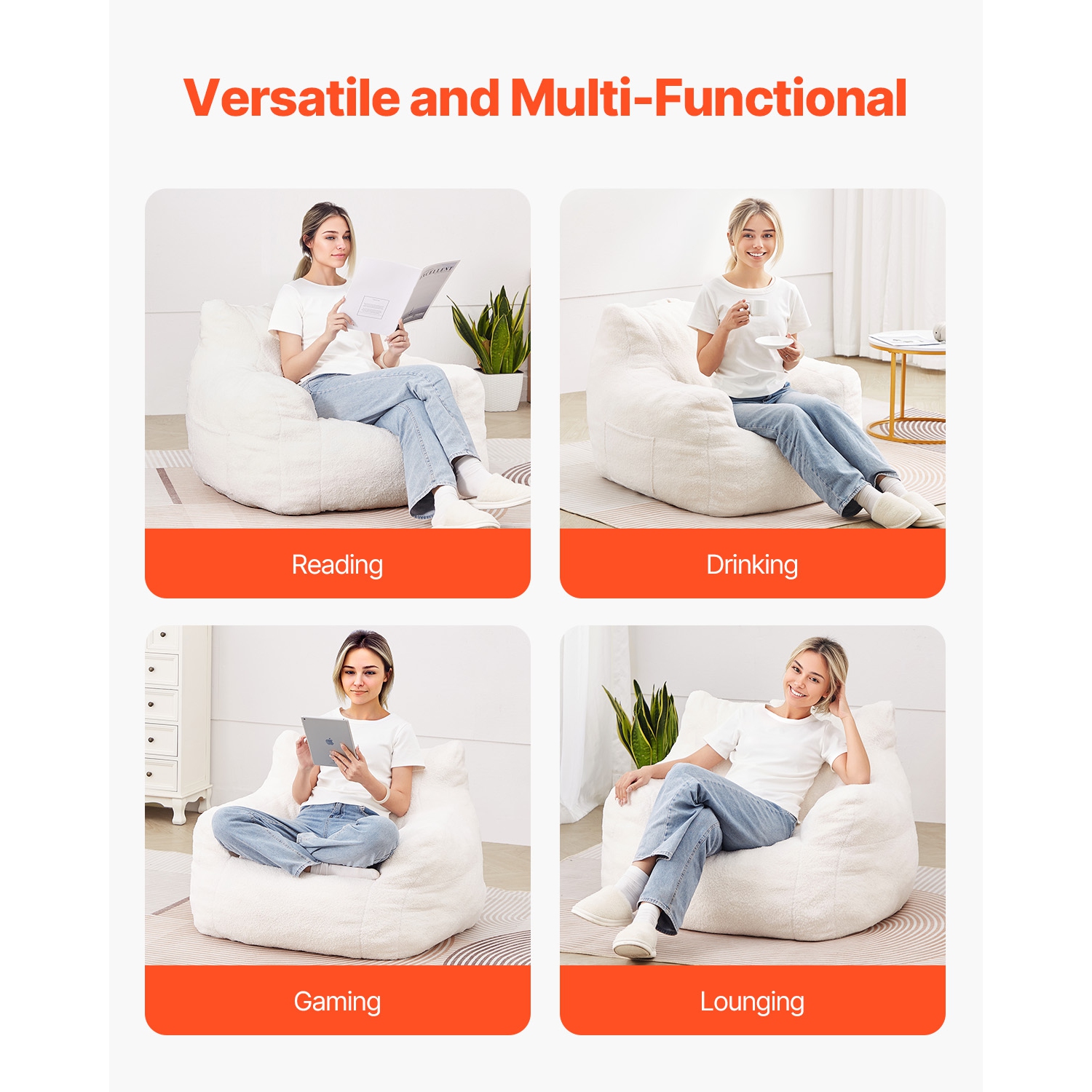 VEVOR 3 feet Bean Bag Chair, Bean Bag Chair with Soft Armrests and Storage Pocket, 25D Memory Foam Filled with Soft Teddy Velvet Cover, Bean Bag for