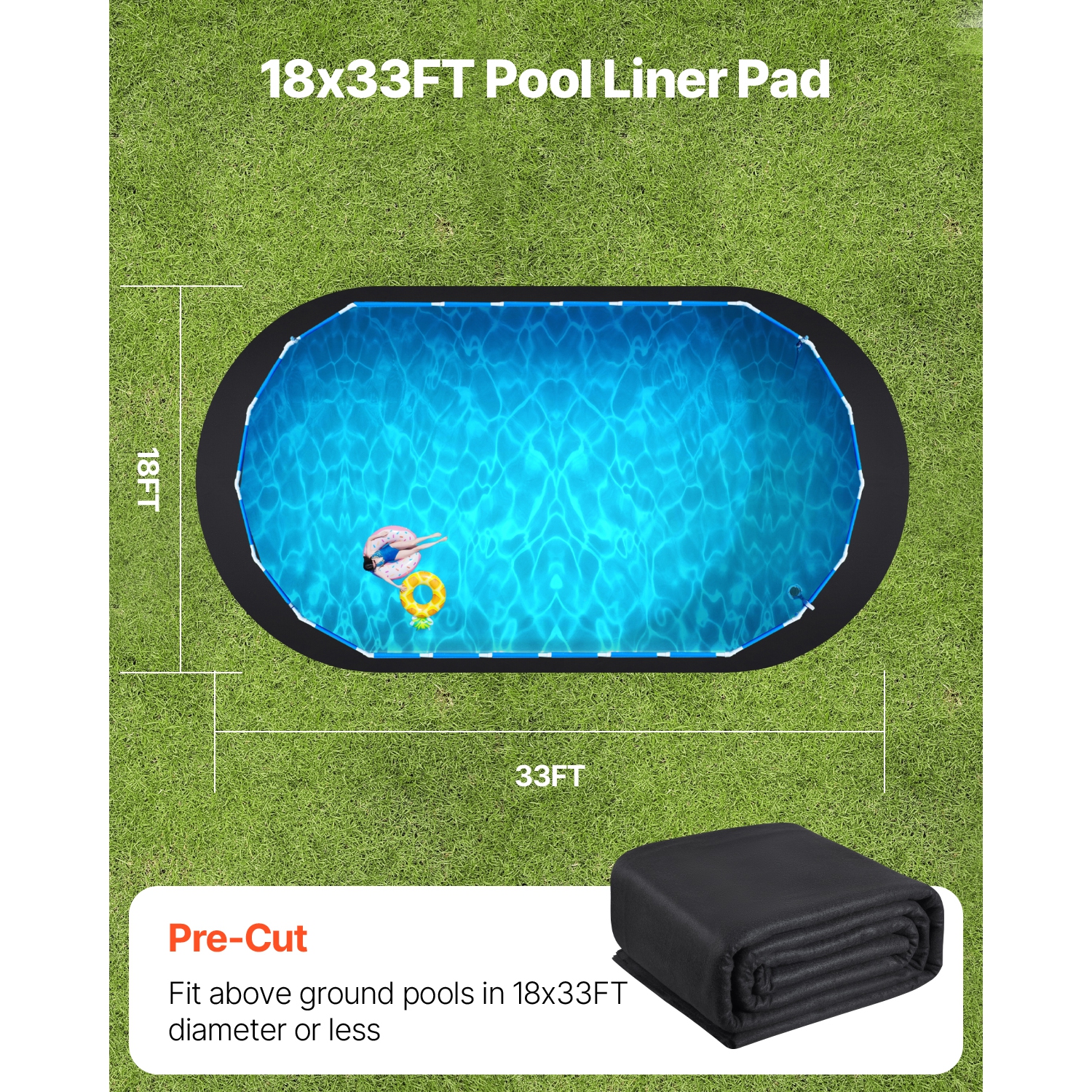 VEVOR 18 x 33 ft Oval Pool Liner Pad, for Above Ground Swimming Pools, Extra-Thick Pool Mat, Prevents Punctures, Recycled Geotextile Material