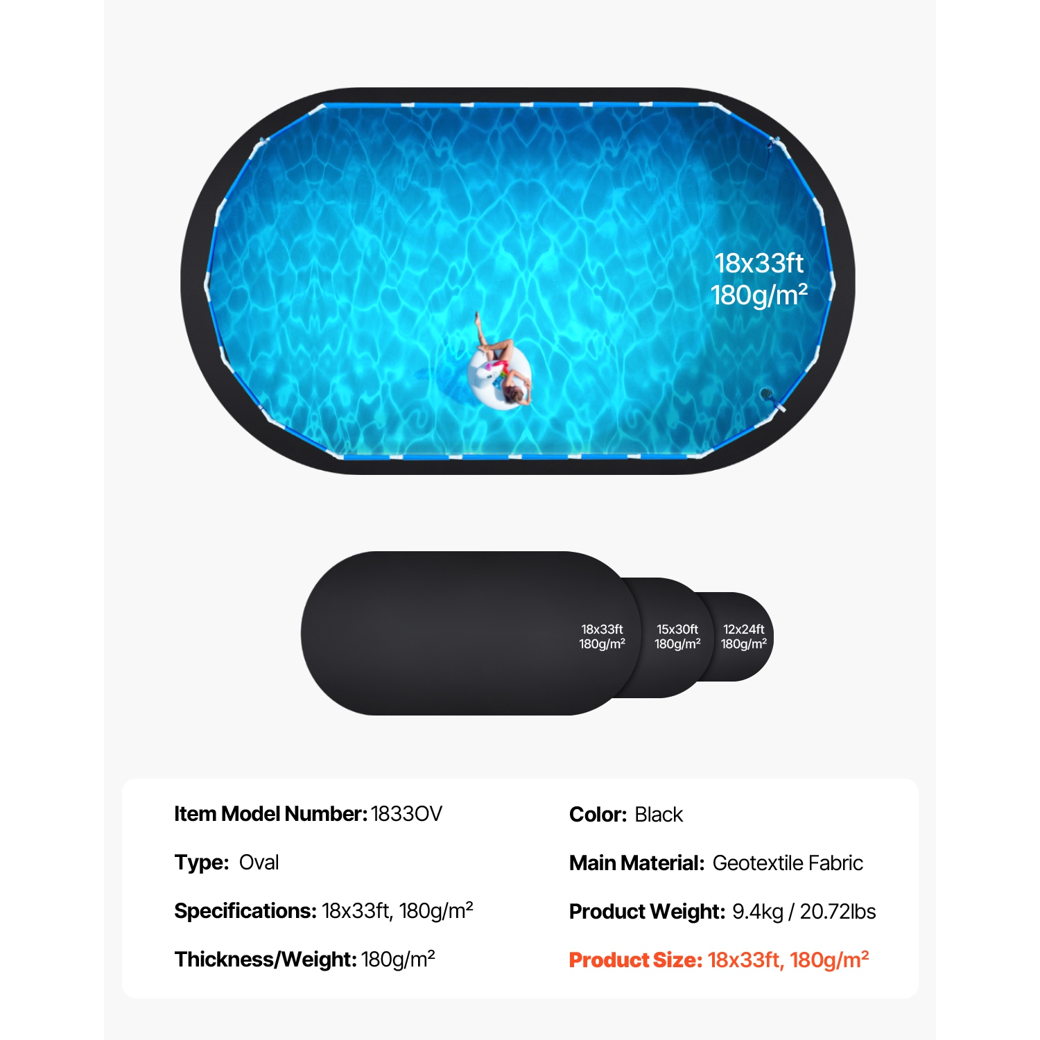 VEVOR 18 x 33 ft Oval Pool Liner Pad, for Above Ground Swimming Pools, Extra-Thick Pool Mat, Prevents Punctures, Recycled Geotextile Material