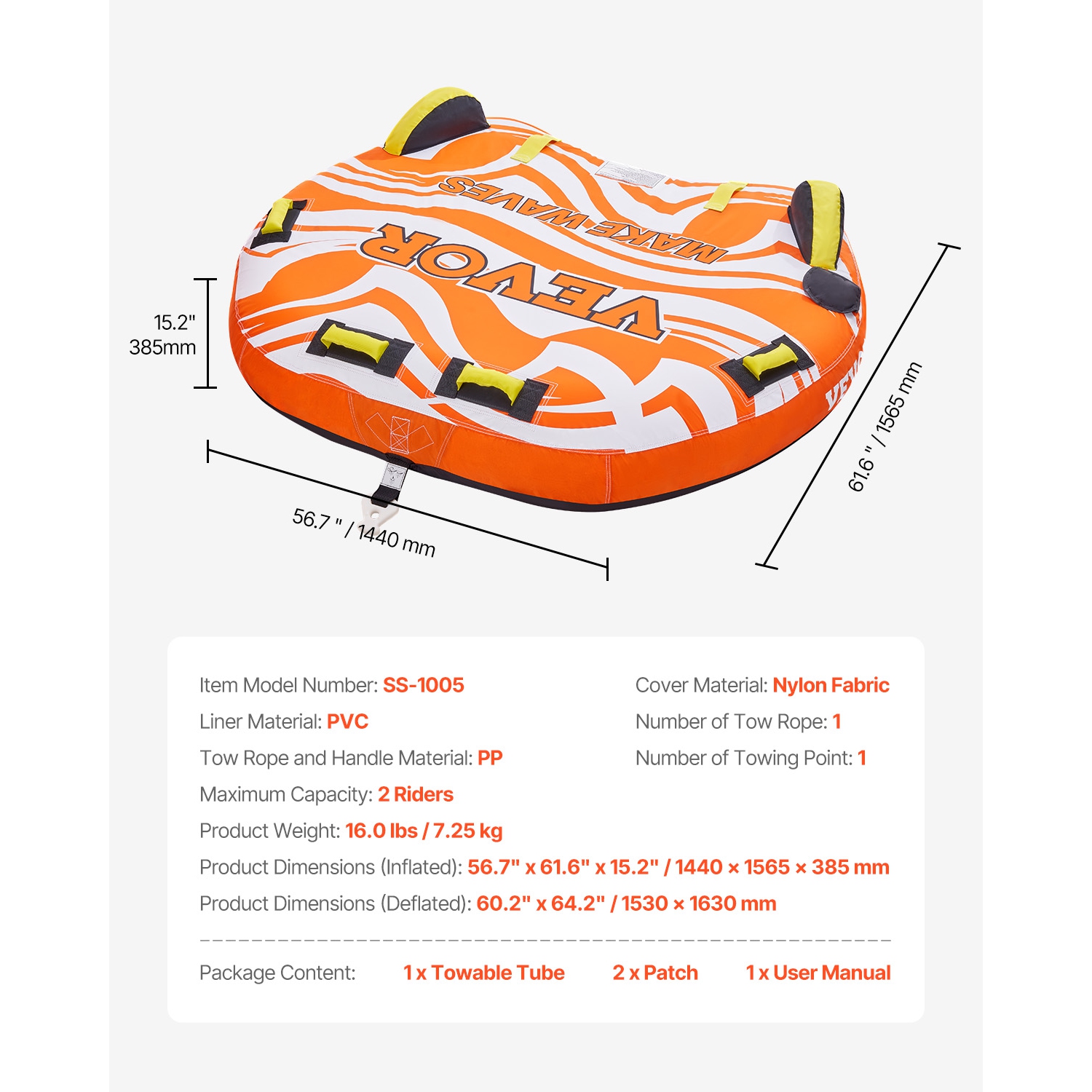 Bouée tractable gonflable VEVOR 1-2 Riders pour bateau à tirer, tubes de bateau 340&nbsp;lb et serviettes pour sports nautiques - avec ailettes,