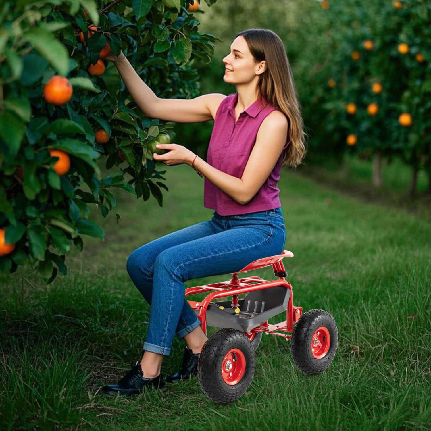Siège de travail à rouleau et chariot de jardin de Costway avec panier à plateau, poignée extensible bleu/rouge/vert