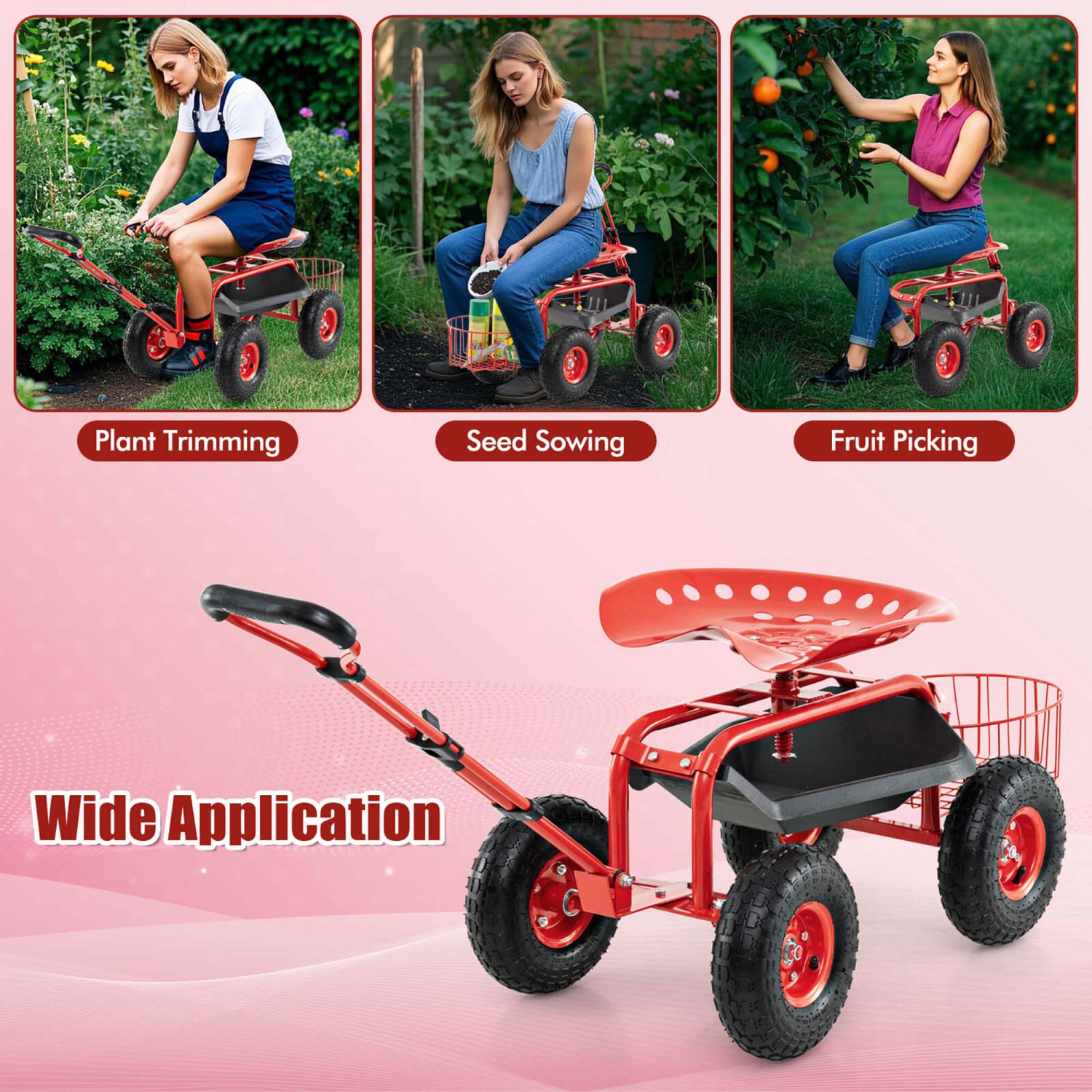 Siège de travail à rouleau et chariot de jardin de Costway avec panier à plateau, poignée extensible bleu/rouge/vert