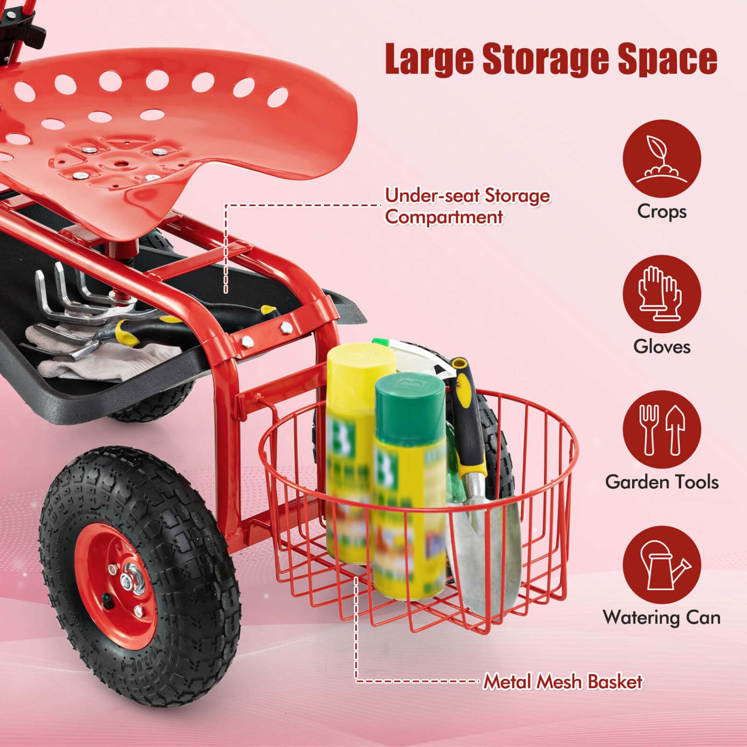 Siège de travail à rouleau et chariot de jardin de Costway avec panier à plateau, poignée extensible bleu/rouge/vert