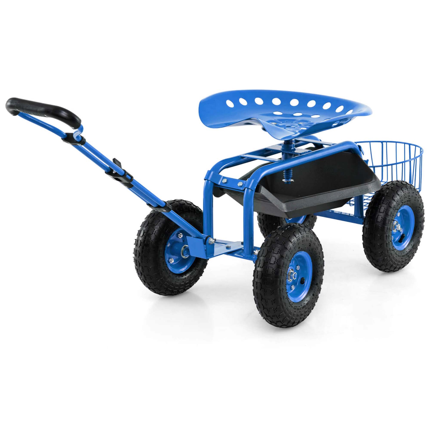 Costway Garden Cart Patio Wagon Roll Work Seat with Tray Basket Extendable Handle Blue/Red/Green