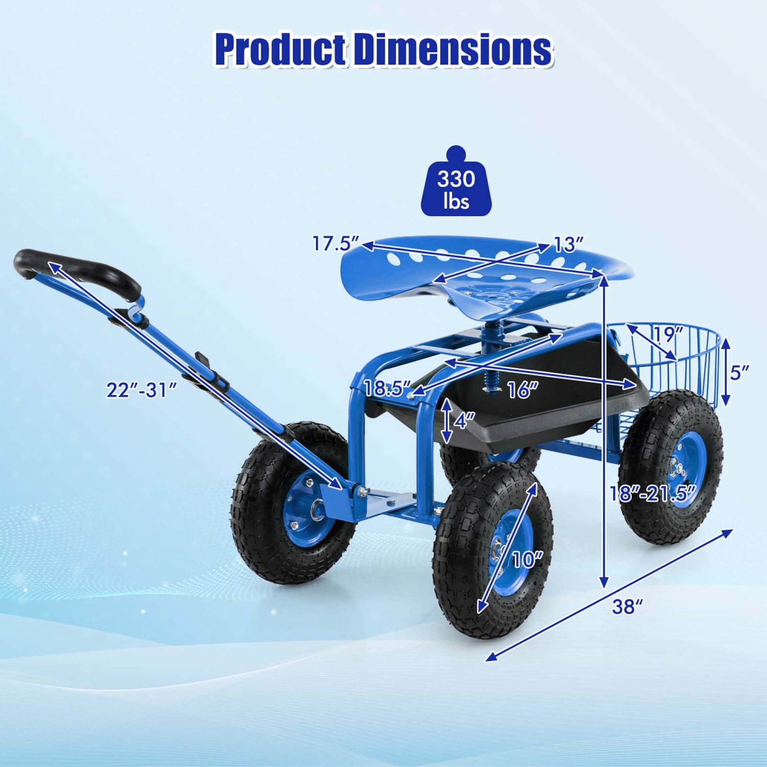 Costway Garden Cart Patio Wagon Roll Work Seat with Tray Basket Extendable Handle Blue/Red/Green