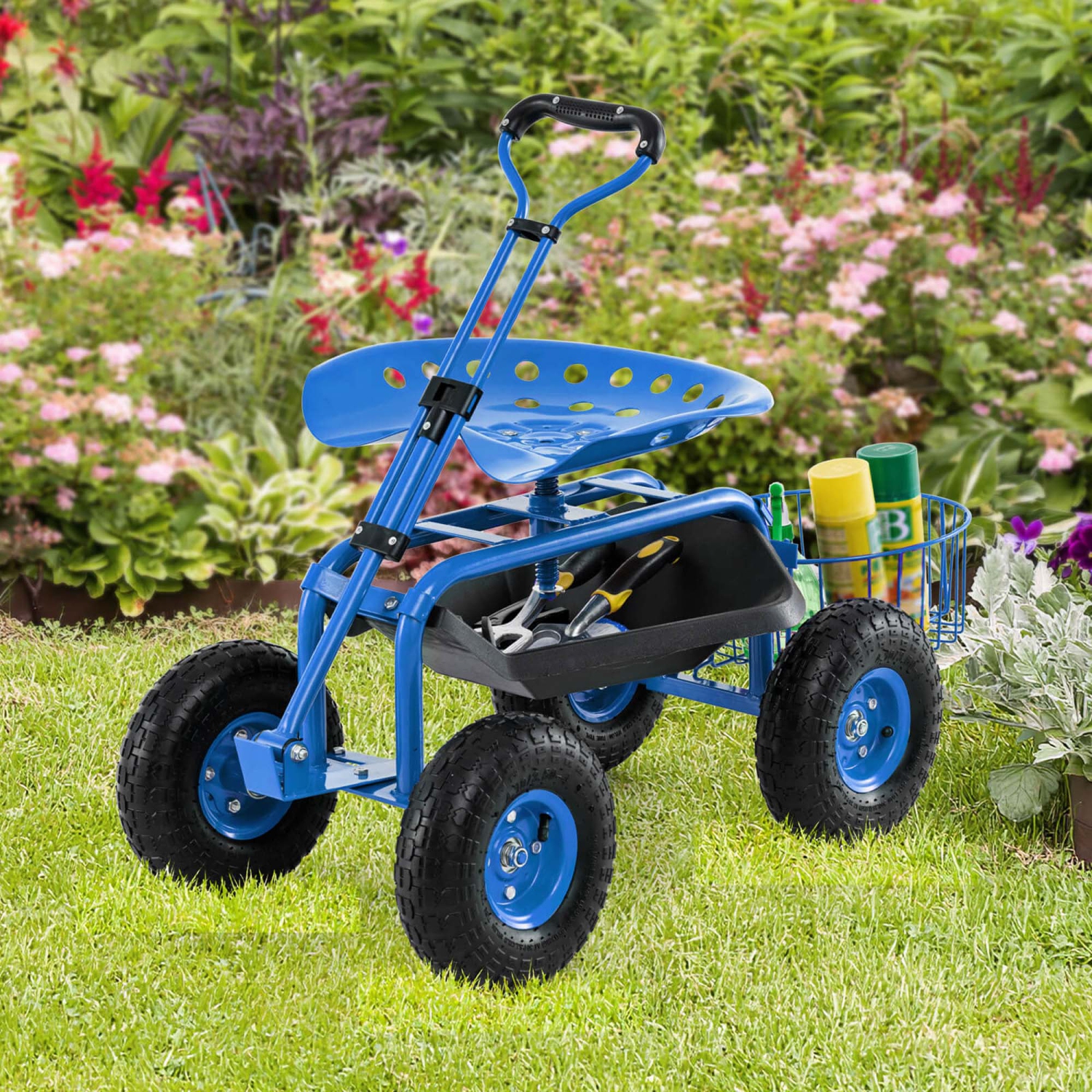 Costway Garden Cart Patio Wagon Roll Work Seat with Tray Basket Extendable Handle Blue/Red/Green
