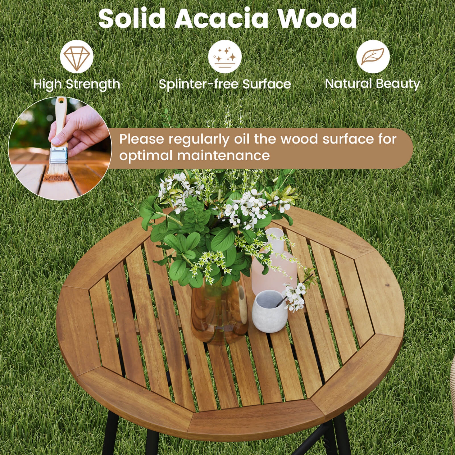 Costway 3 PCS Rope Woven Patio Bar Set with Soft Cushions and Acacia Wood Tabletop