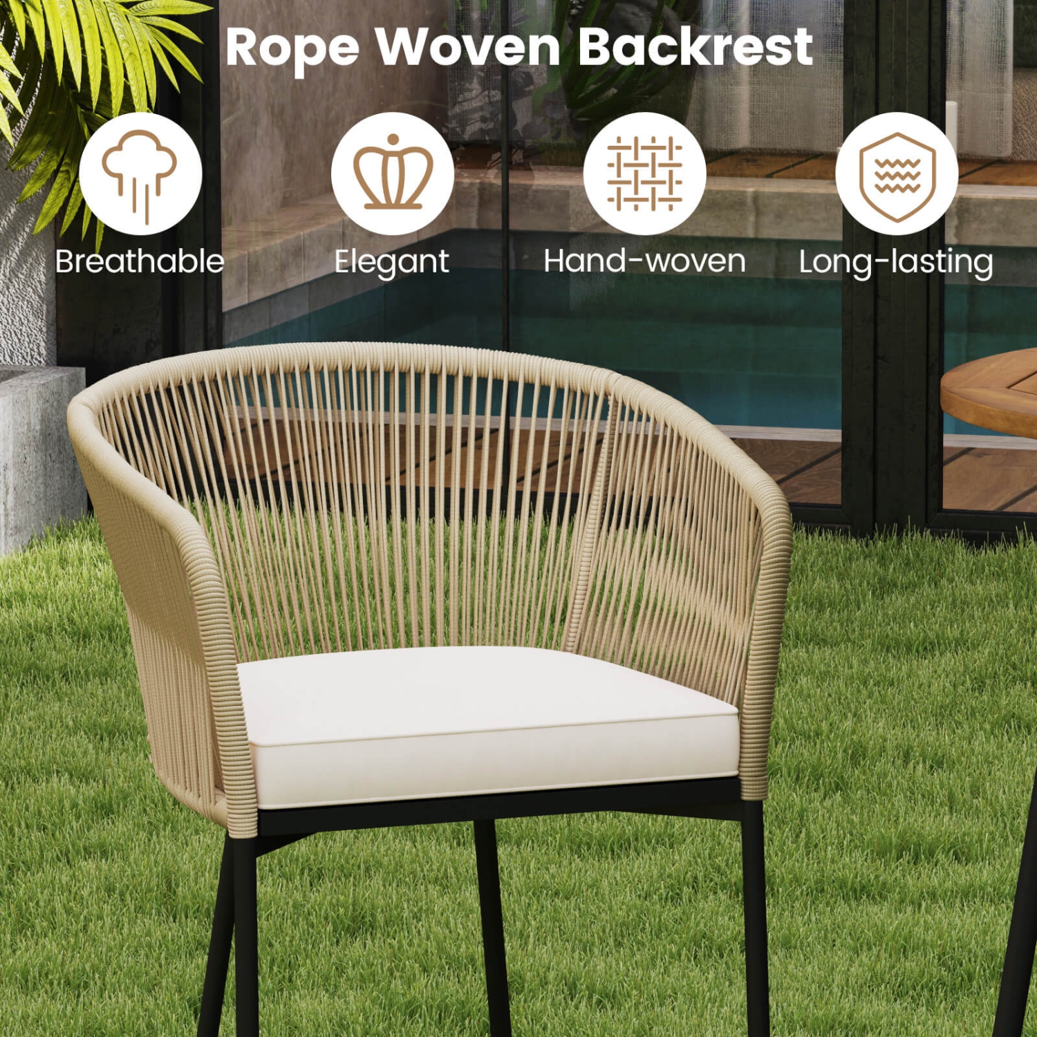 Costway 3 PCS Rope Woven Patio Bar Set with Soft Cushions and Acacia Wood Tabletop