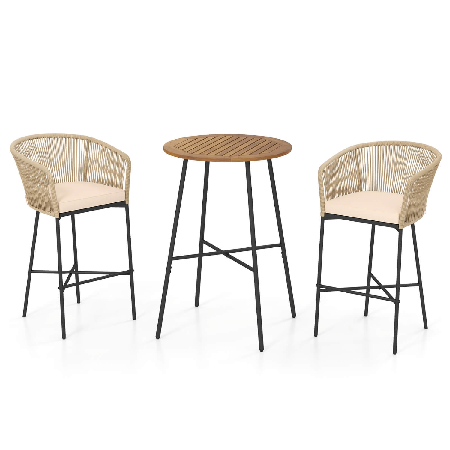 Costway 3 PCS Rope Woven Patio Bar Set with Soft Cushions and Acacia Wood Tabletop