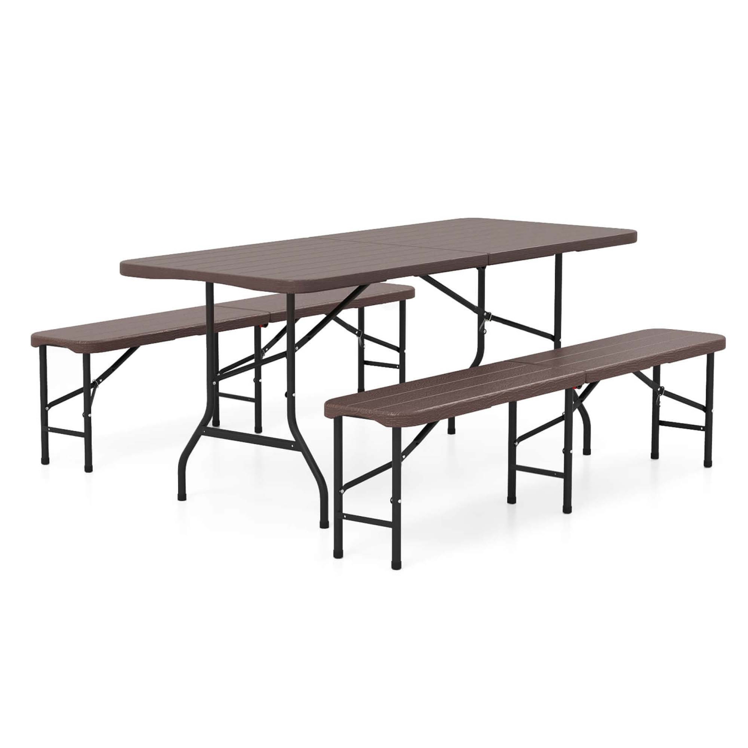 Costway 3 PCS Folding Picnic Table Set with 6 ft Table & 2 Benches HDPE Wood-Like Tabletop Brown/Gray
