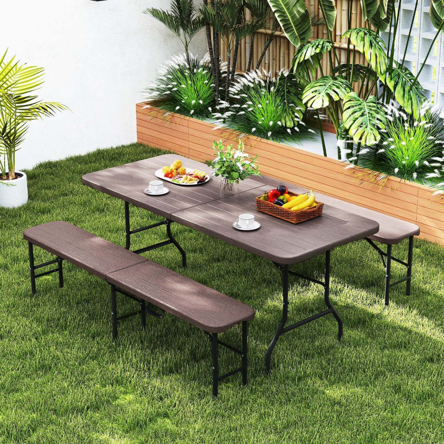 Costway 3 PCS Folding Picnic Table Set with 6 ft Table & 2 Benches HDPE Wood-Like Tabletop Brown/Gray