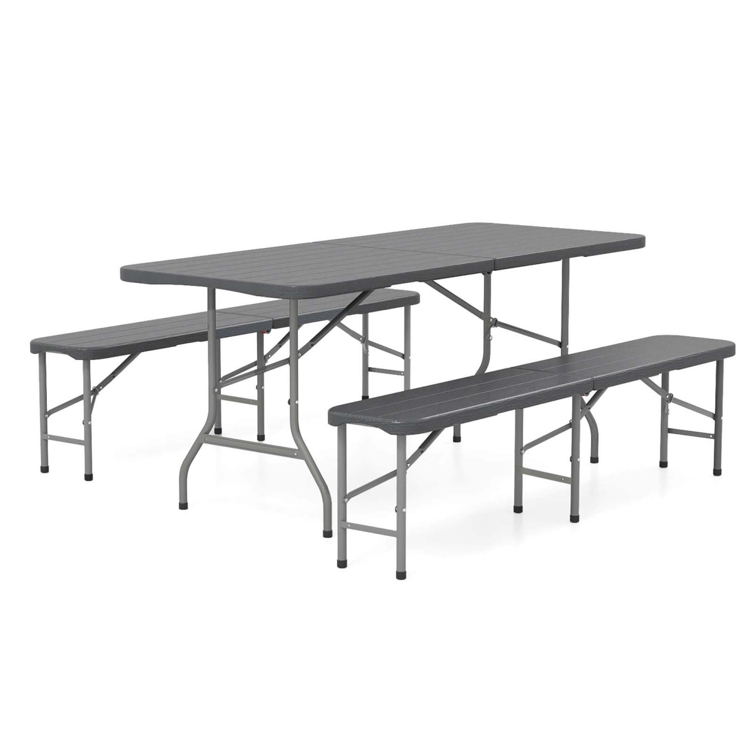 Ensemble table de pique-nique pliable 3 PCS de Costway avec table 6 pi et 2 bancs en PEHD rappelant le bois Brun/Gris