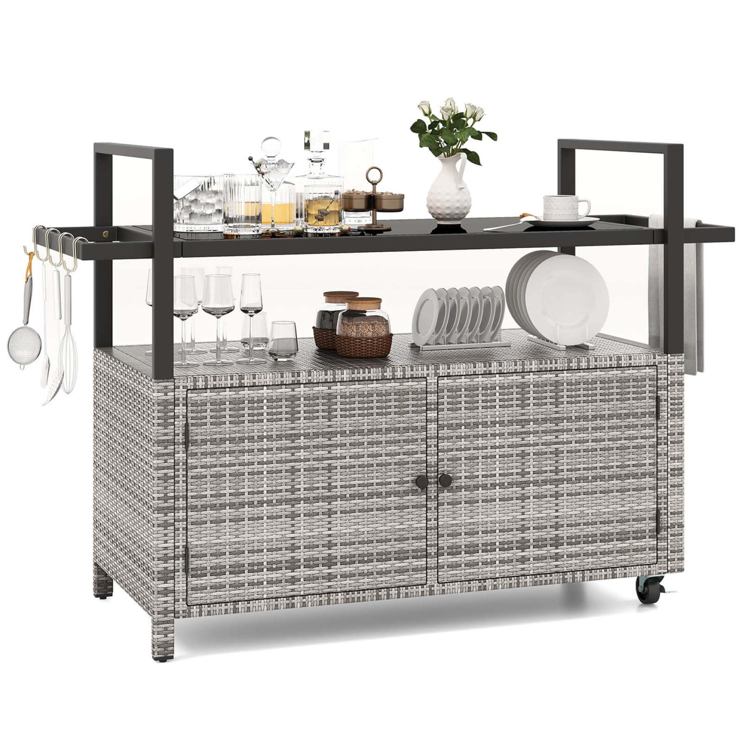 Desserte de bar extérieure avec armoire de rangement à dessus en verre trempé et 8 crochets pour porche brun/gris de Costway