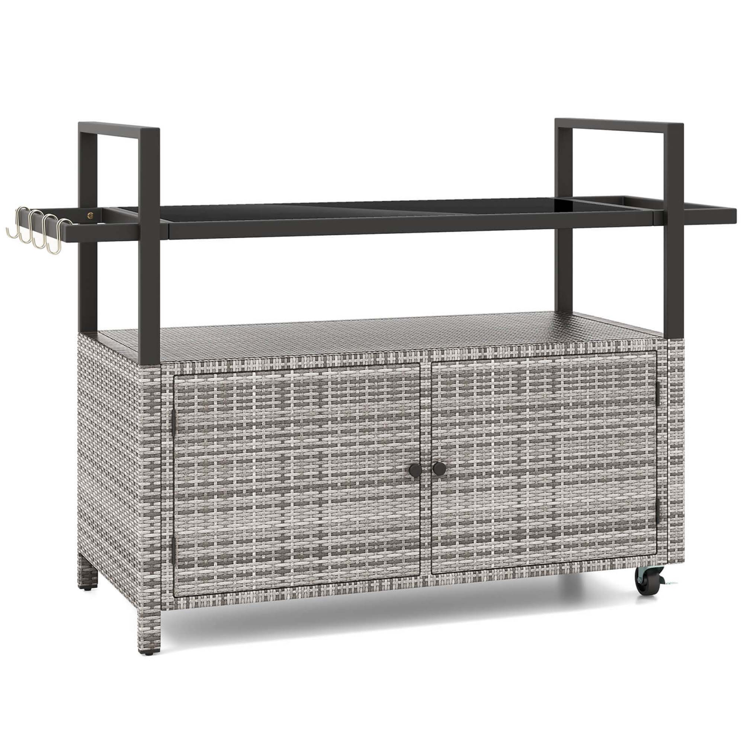 Desserte de bar extérieure avec armoire de rangement à dessus en verre trempé et 8 crochets pour porche brun/gris de Costway