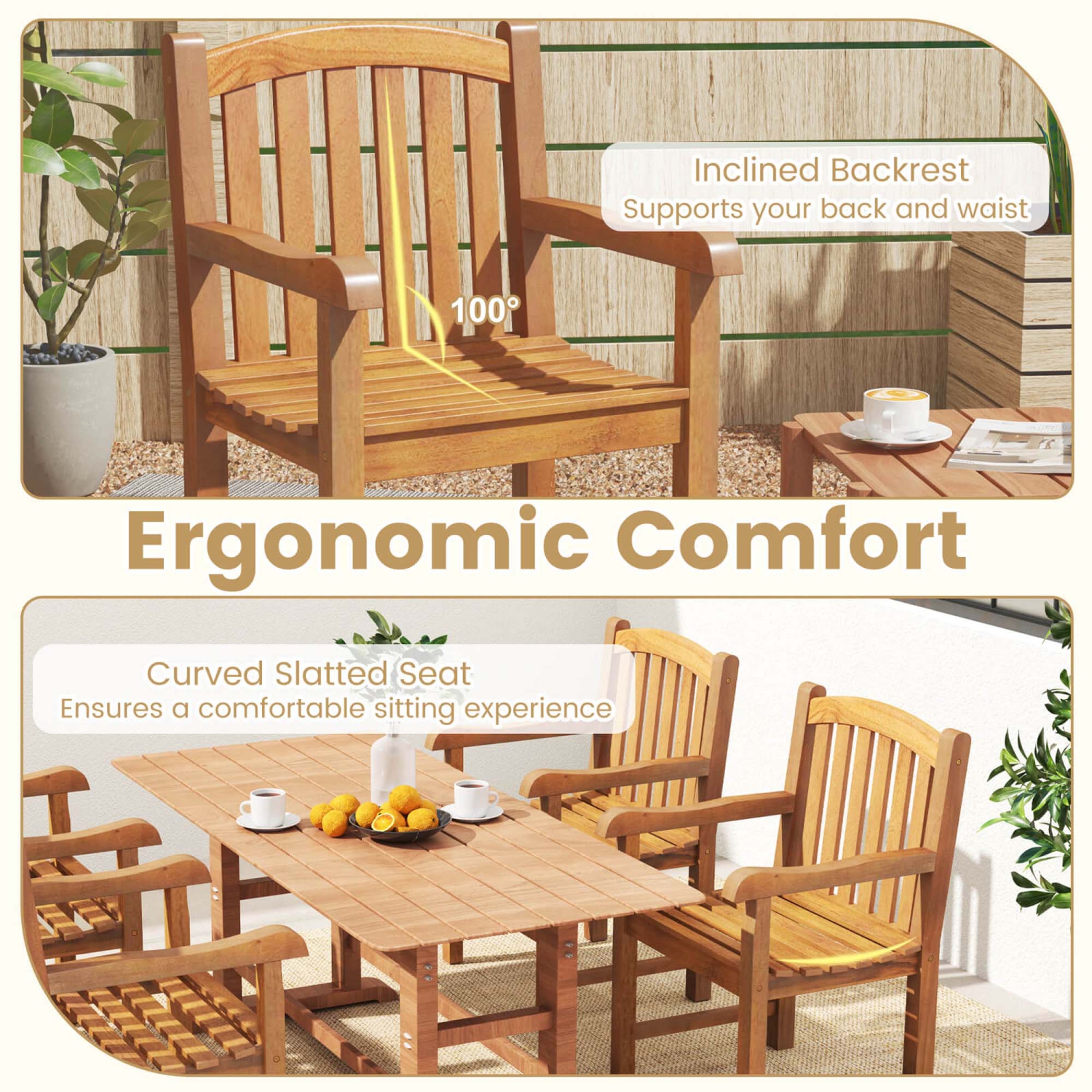 Costway 1/2/4 PCS Teak Wood Patio Dining Chair Outdoor Armchair with ...