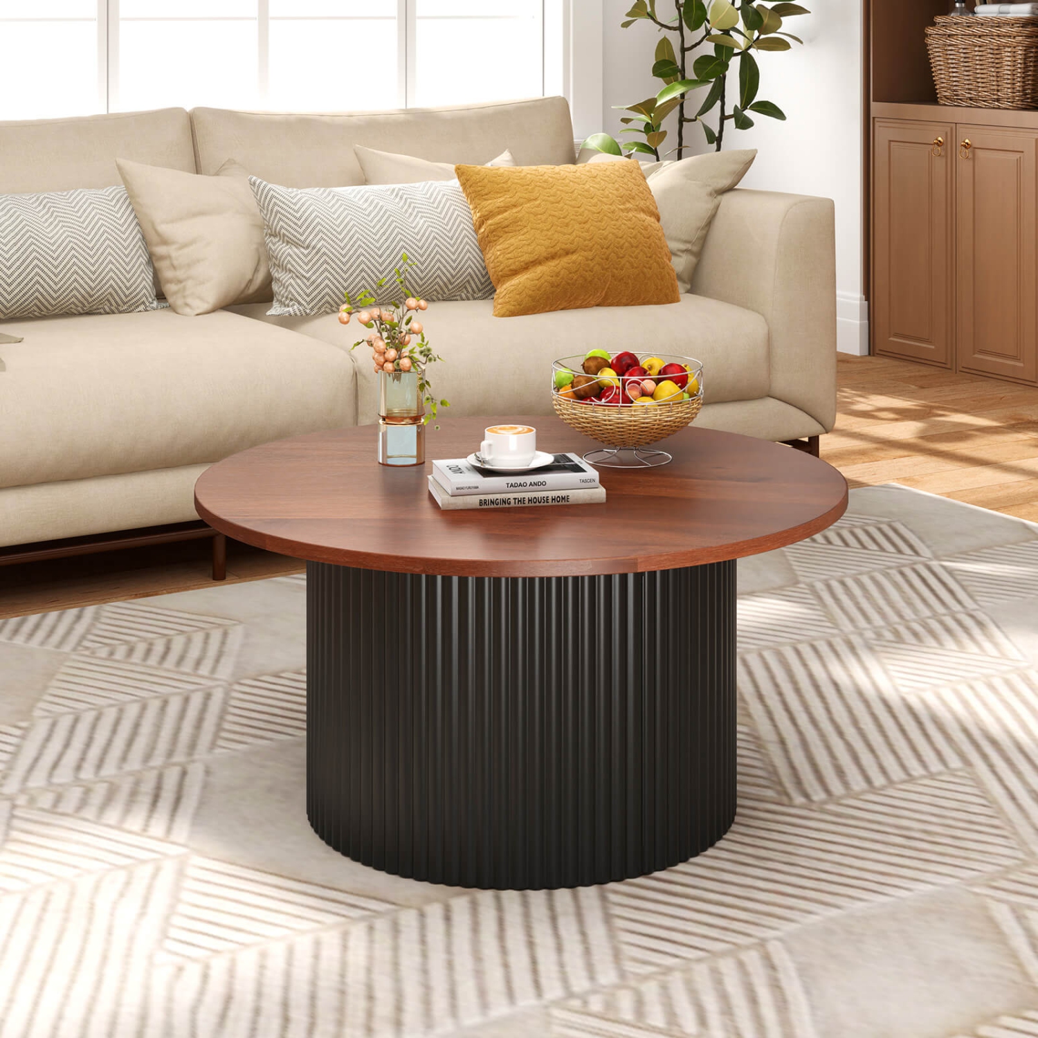Costway Round Coffee Table 32" Tea Table with Solid Wood Frame Home Accent Cocktail Table