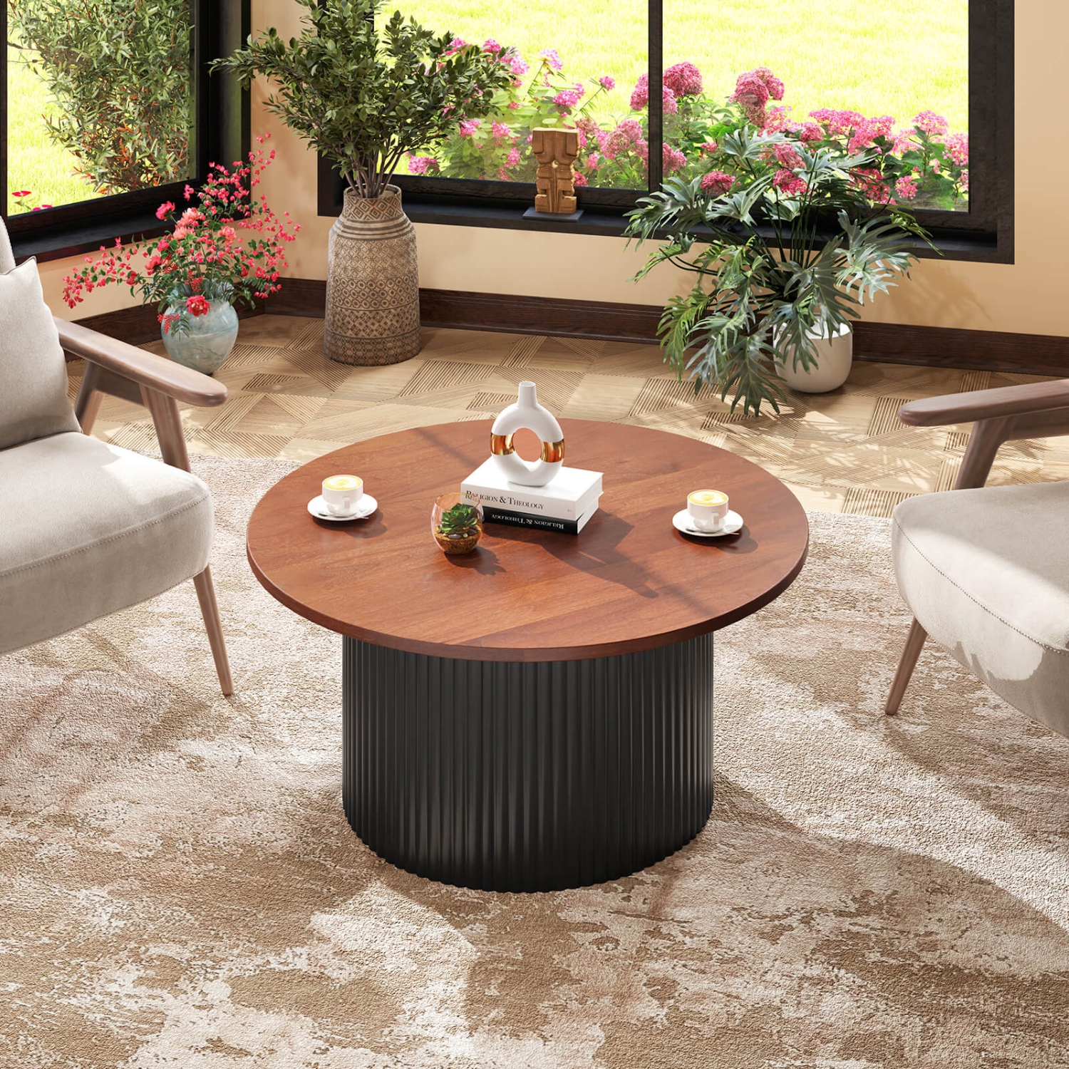 Costway Round Coffee Table 32" Tea Table with Solid Wood Frame Home Accent Cocktail Table