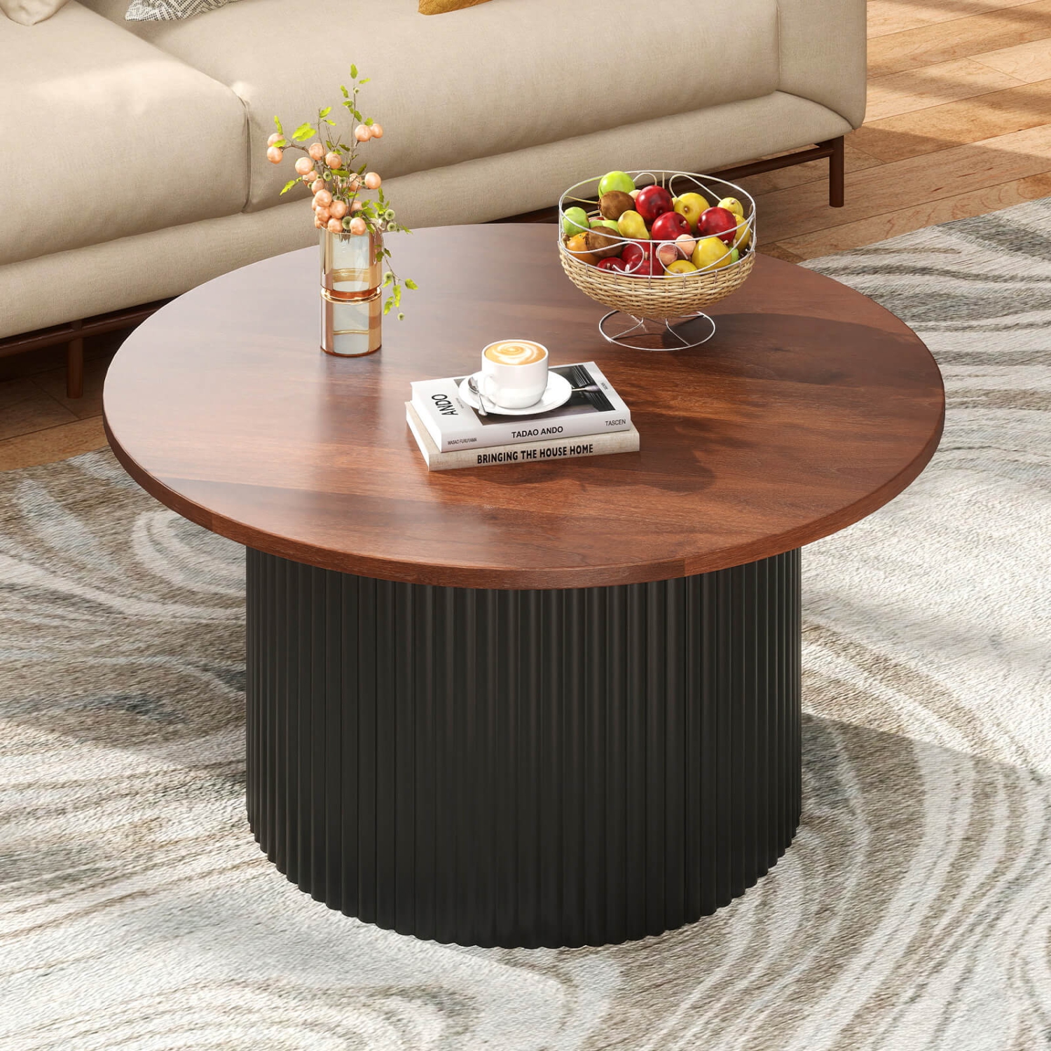 Costway Round Coffee Table 32" Tea Table with Solid Wood Frame Home Accent Cocktail Table