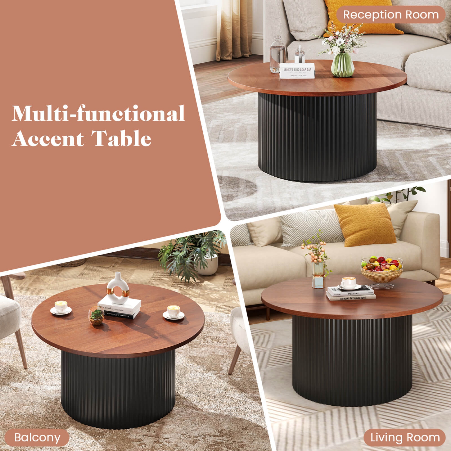 Costway Round Coffee Table 32" Tea Table with Solid Wood Frame Home Accent Cocktail Table