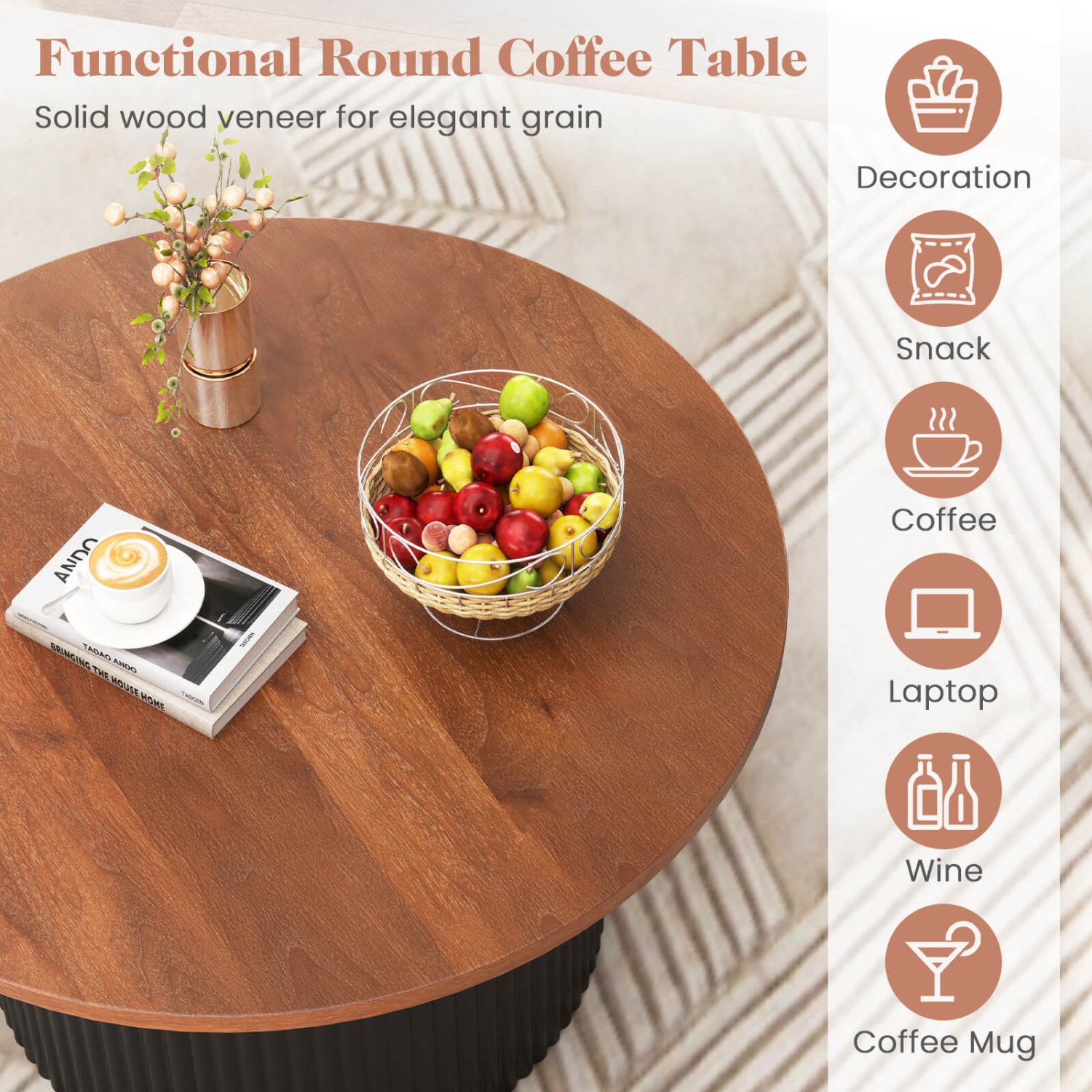 Costway Round Coffee Table 32" Tea Table with Solid Wood Frame Home Accent Cocktail Table