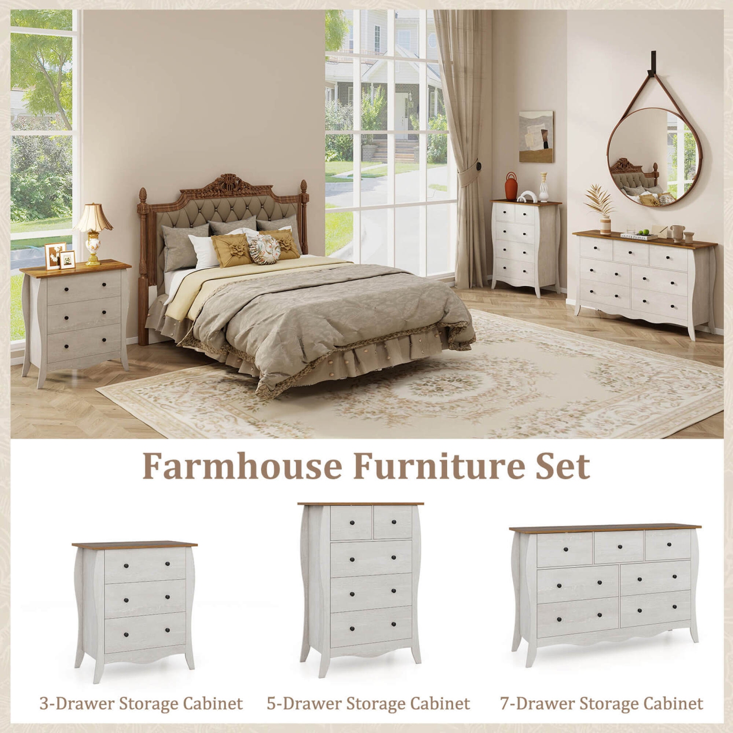 Costway 1/2 PCS 30" Farmhouse Chest of Drawers with 3 Folding Fabric Drawers Anti-tipping Kit Gray