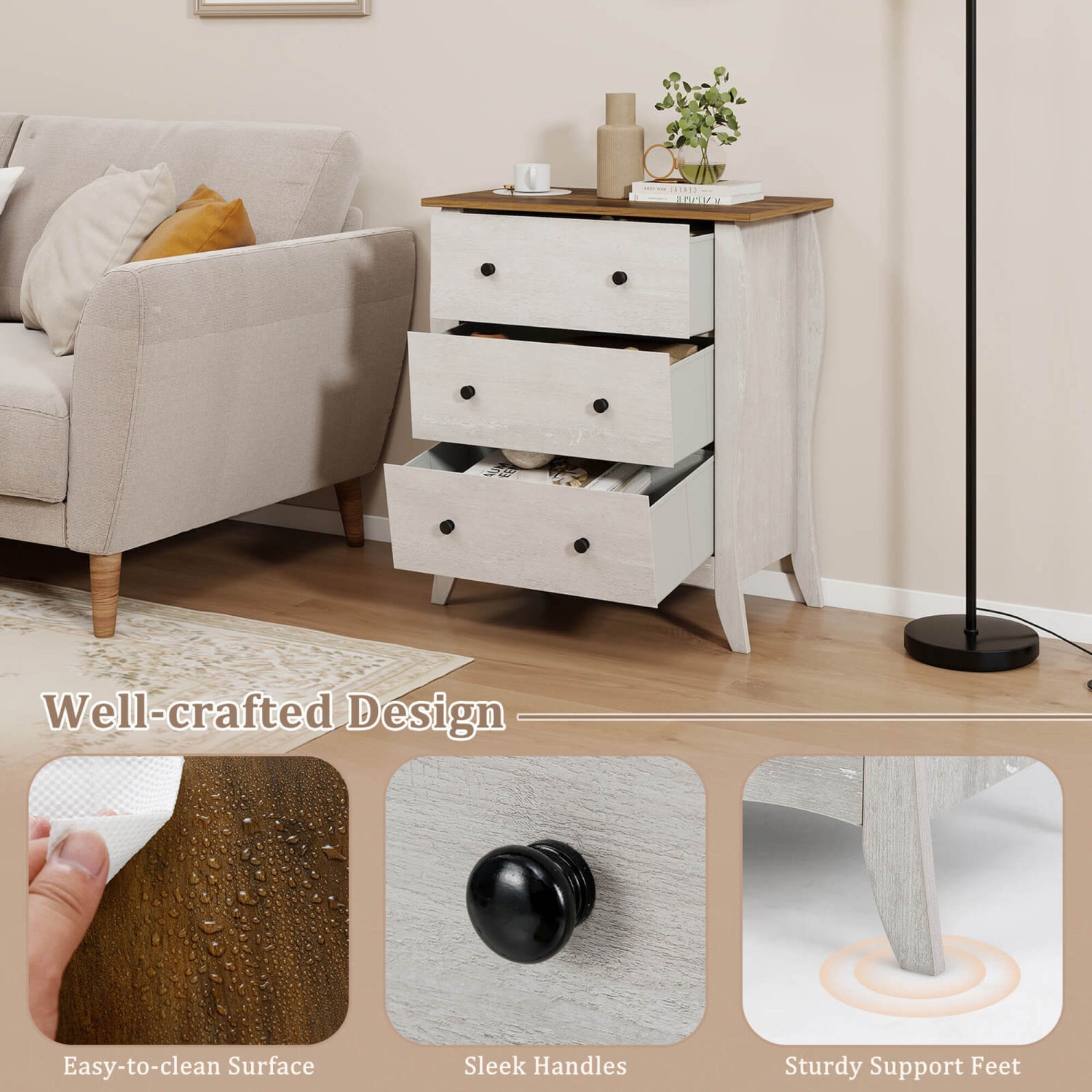 Costway 1/2 PCS 30" Farmhouse Chest of Drawers with 3 Folding Fabric Drawers Anti-tipping Kit Gray