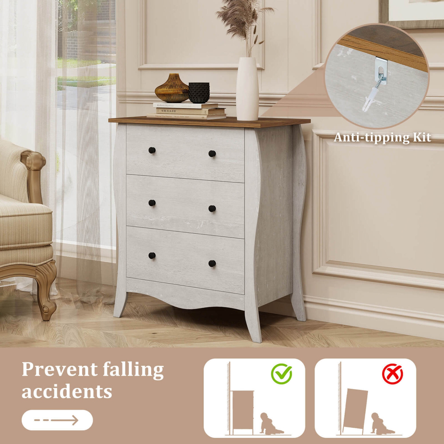 Costway 1/2 PCS 30" Farmhouse Chest of Drawers with 3 Folding Fabric Drawers Anti-tipping Kit Gray