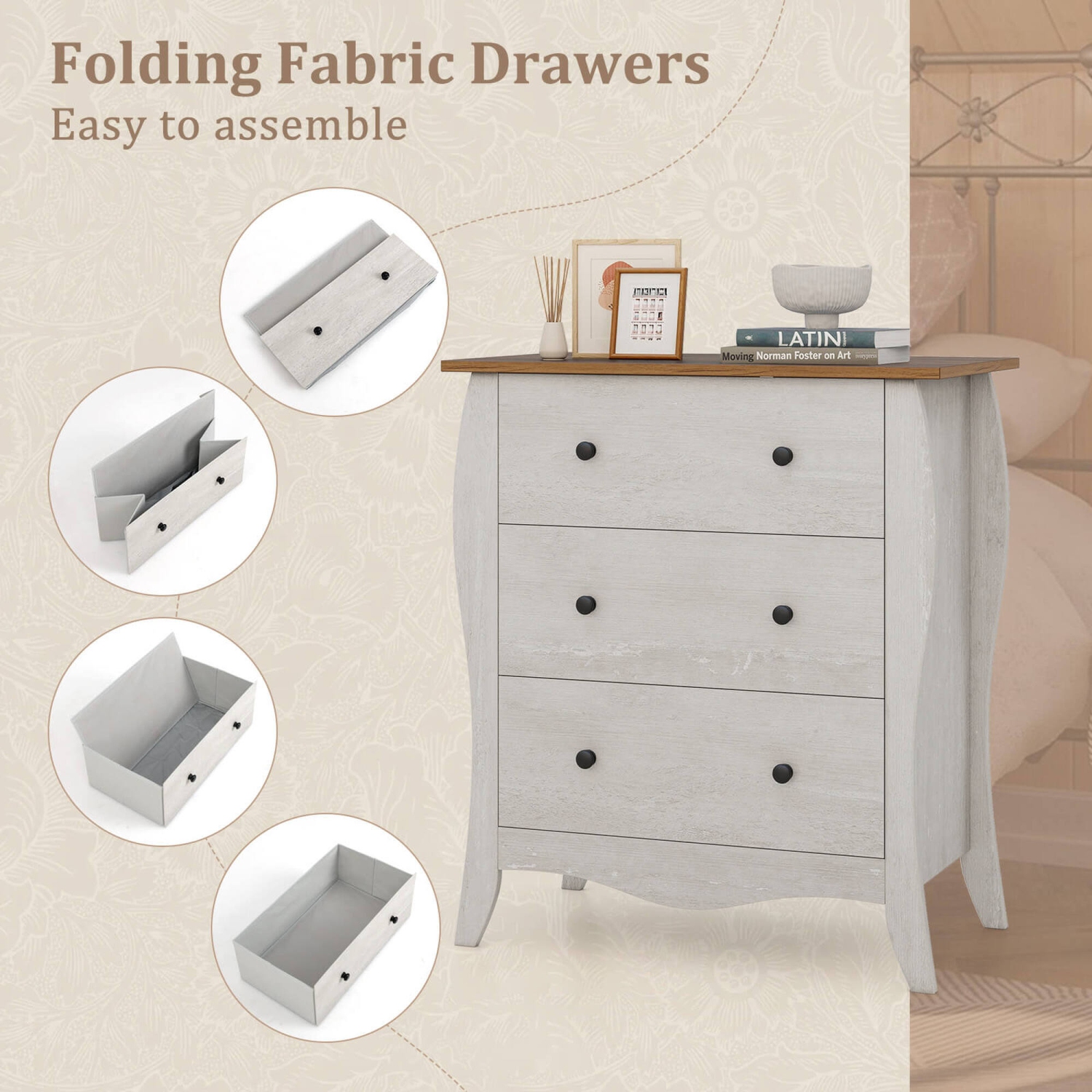 Costway 1/2 PCS 30" Farmhouse Chest of Drawers with 3 Folding Fabric Drawers Anti-tipping Kit Gray