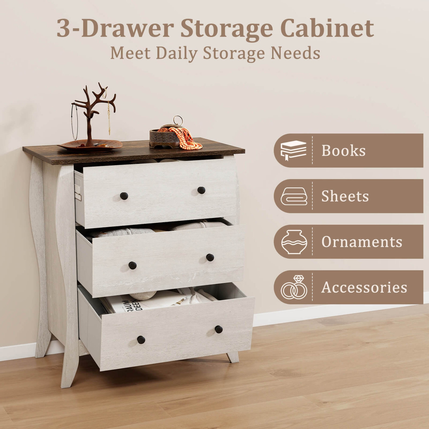 Costway 1/2 PCS 30" Farmhouse Chest of Drawers with 3 Folding Fabric Drawers Anti-tipping Kit Gray