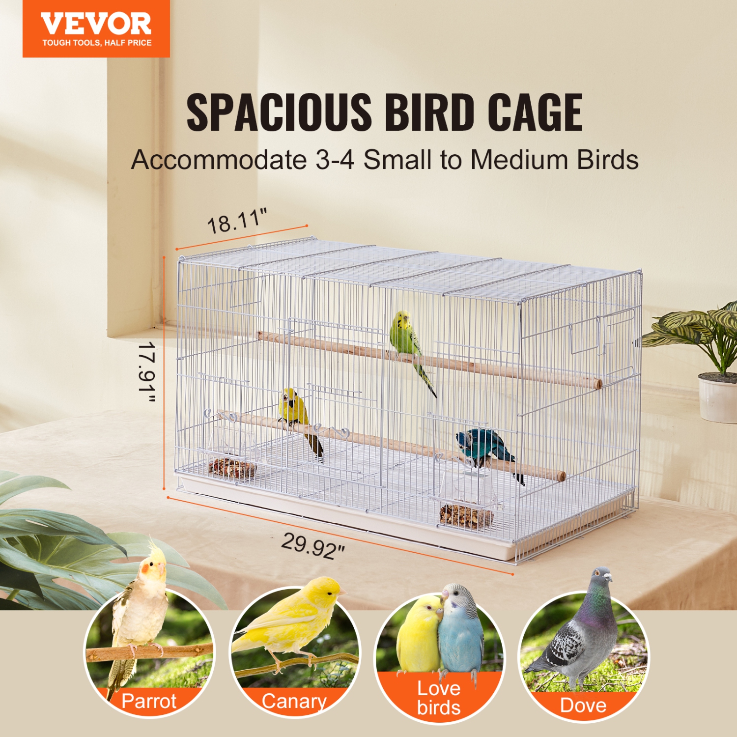 VEVOR 30-inch Flight Bird Cage, Stackable Bird Cage for Small Parrots Canaries Cockatiels Lovebirds Finches Budgies Conures Macaws Pet Travel
