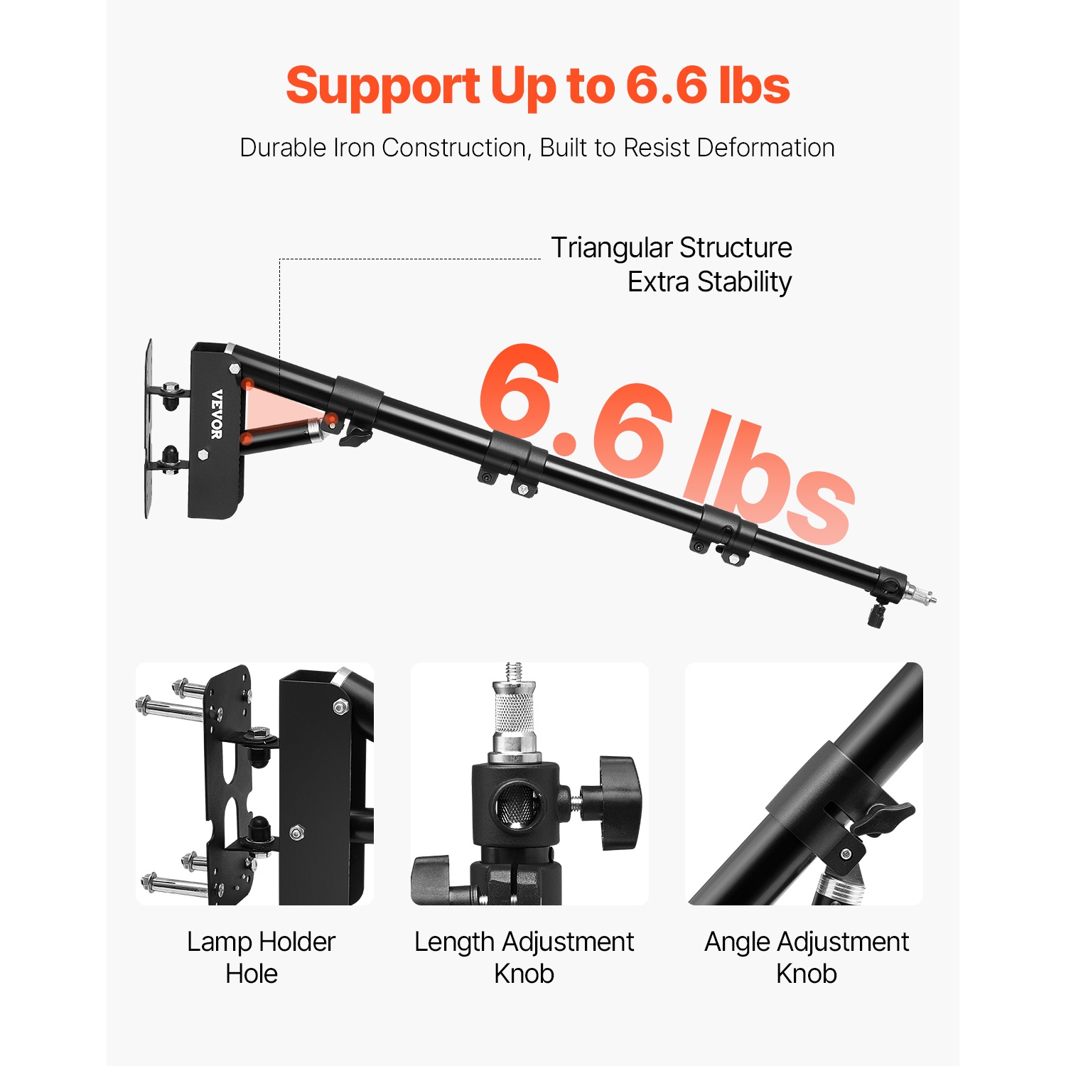 VEVOR 39.37 in/100 cm Ring Light Wall Mount Boom Arm, Triangle Boom Arm Support 180° Rotation, Heavy Duty Wall Stand Tirpod Support, for Studio Video