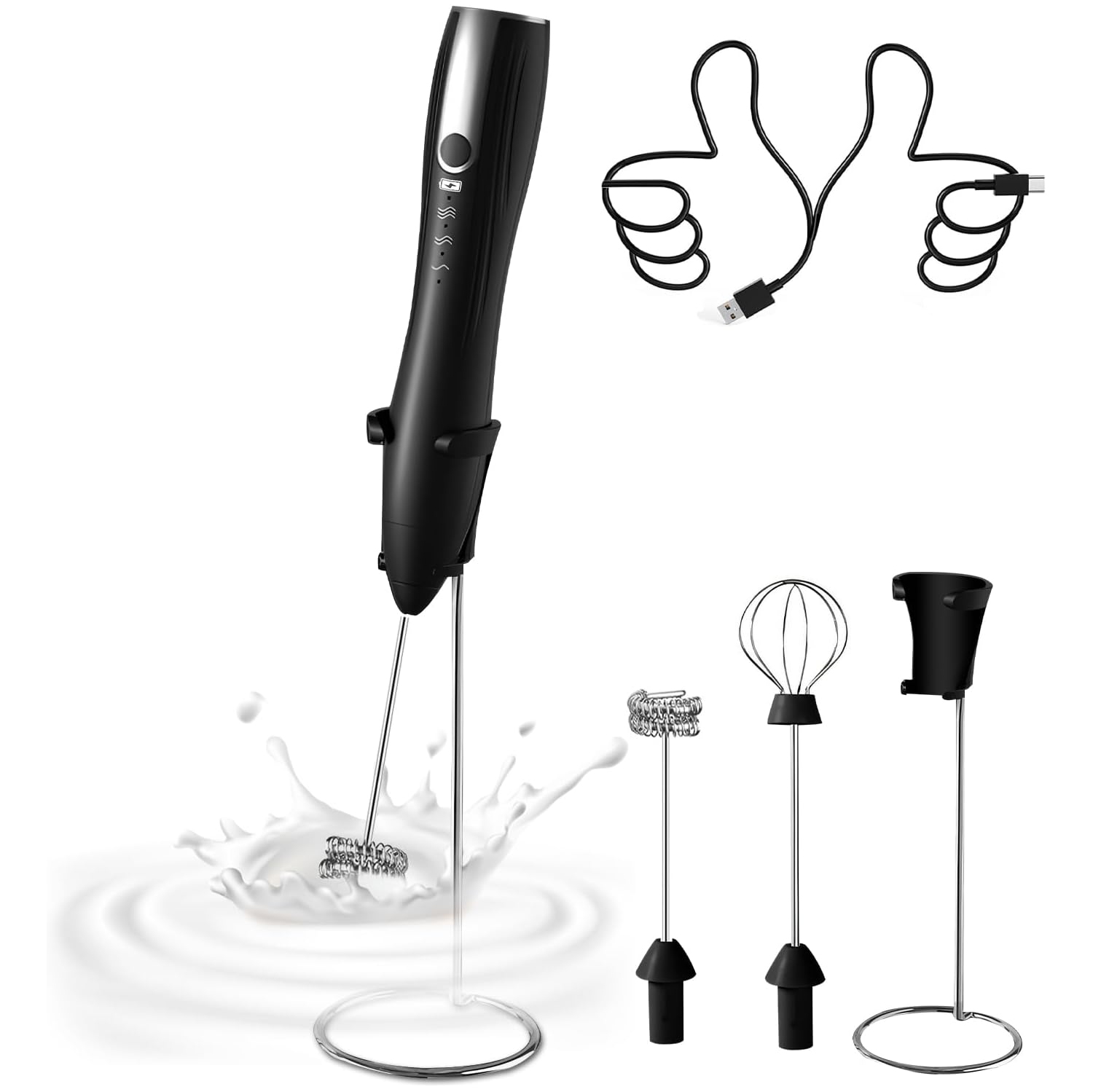 Rechargeable Milk Frother with Stand,Electric Frother Wand Handheld Coffee Foam Maker Whisk Drink Mixer Foamer for Latte Cappuccino Hot Chocolate Egg