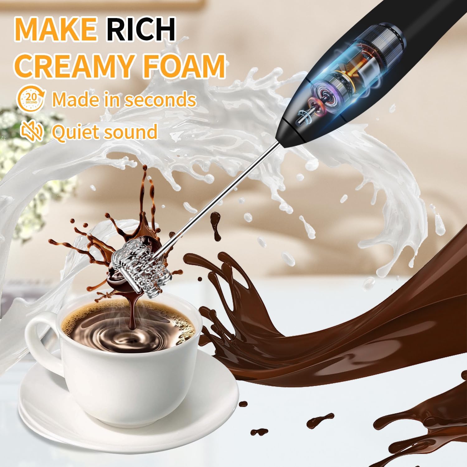 Rechargeable Milk Frother with Stand,Electric Frother Wand Handheld Coffee Foam Maker Whisk Drink Mixer Foamer for Latte Cappuccino Hot Chocolate Egg