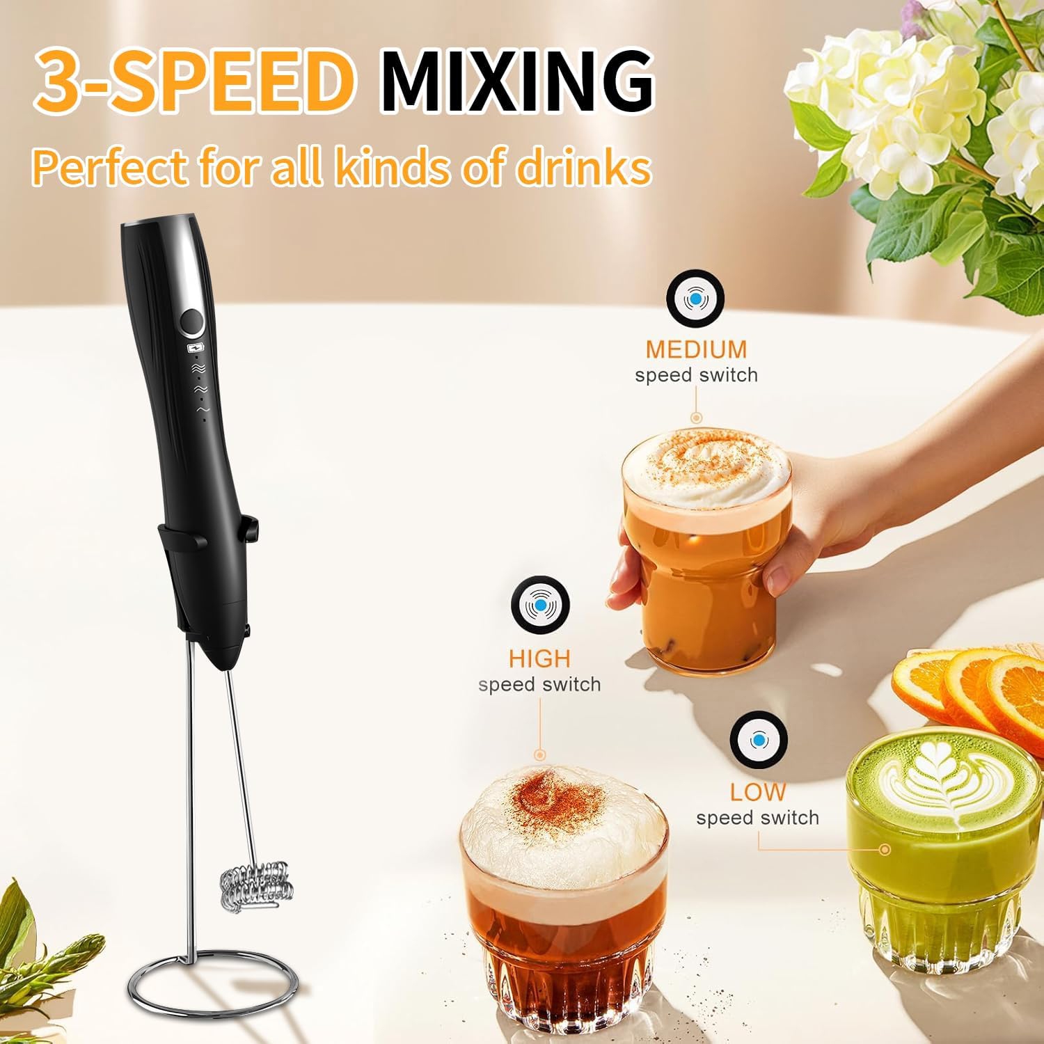 Rechargeable Milk Frother with Stand,Electric Frother Wand Handheld Coffee Foam Maker Whisk Drink Mixer Foamer for Latte Cappuccino Hot Chocolate Egg