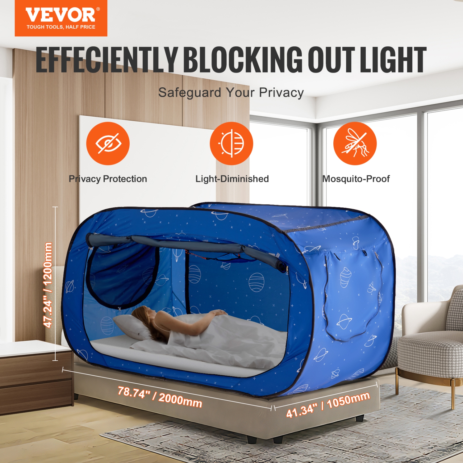 VEVOR 2 Doors Bed Tent, Pongee Fabric, Breathable, with 0.33 in Fiber Poles Privacy, Full Size Block out Light Sleeping Bed Canopy, Fit for Kids