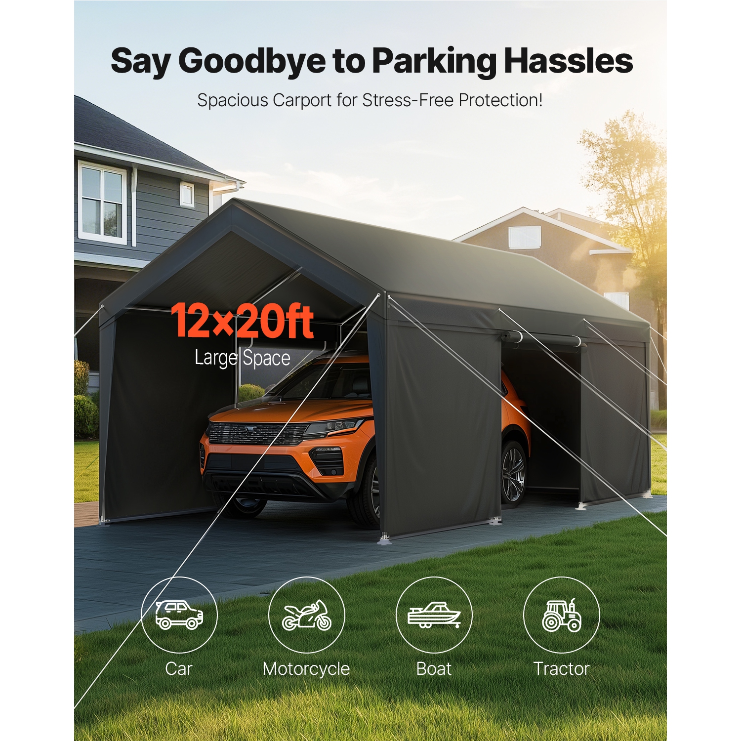 VEVOR 12 x 20 FT Outdoor Car Canopy,Carport with Removable Sidewalls & Door, Heavy Duty Car Shelter, UV-Resistant & Water-Resistant, All-Season