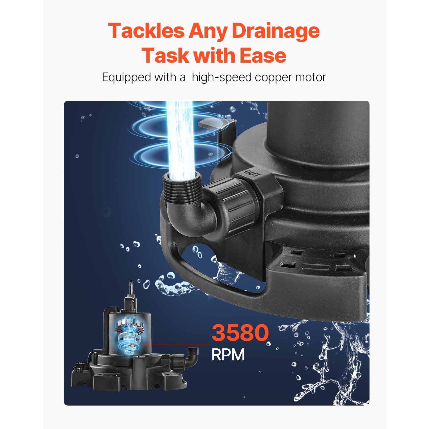 VEVOR 1/2 HP 1600 GPH Automatic Pool Cover Pump, 120V Submersible Swimming Pool Cover Pump with 25 ft Power Cord, 25 ft Max Head Lift, Water Removal