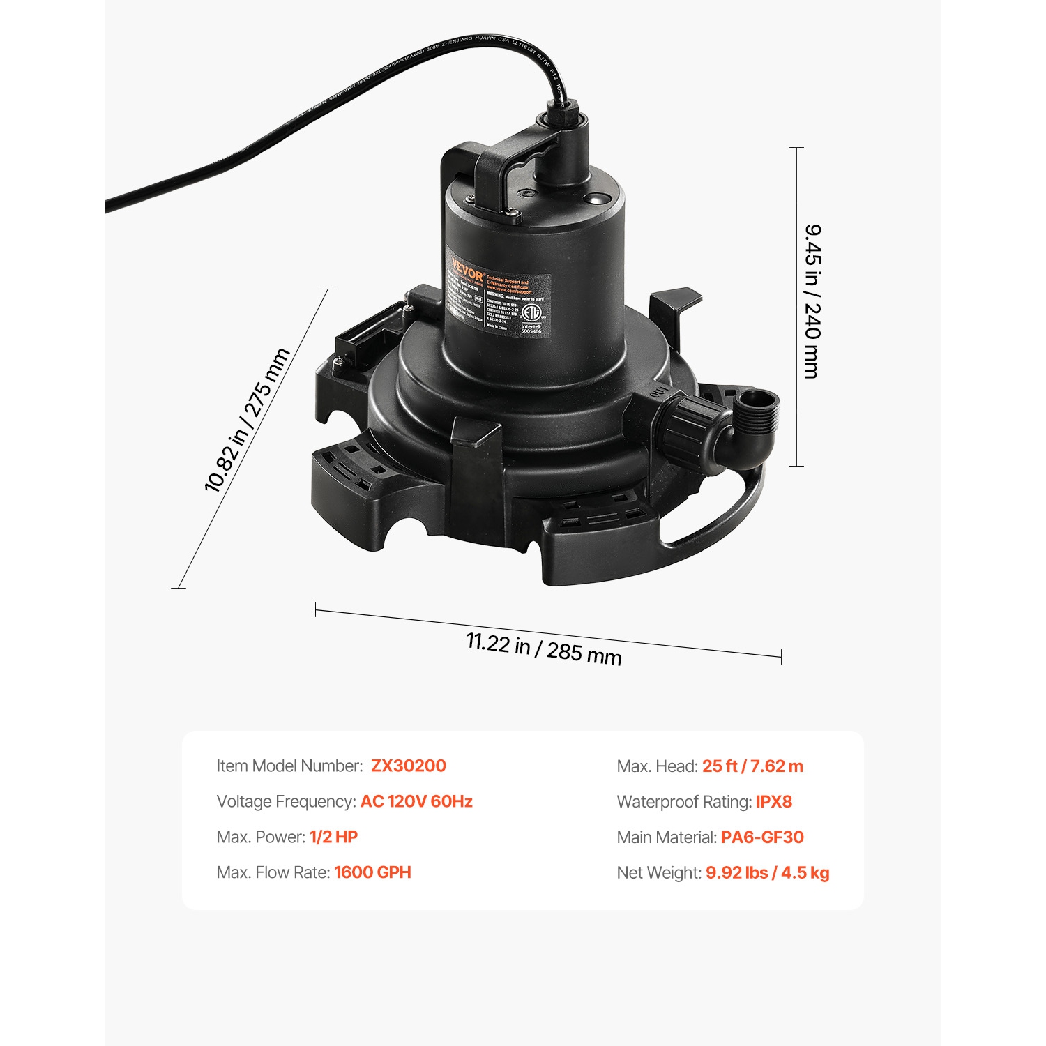 VEVOR 1/2 HP 1600 GPH Automatic Pool Cover Pump, 120V Submersible Swimming Pool Cover Pump with 25 ft Power Cord, 25 ft Max Head Lift, Water Removal