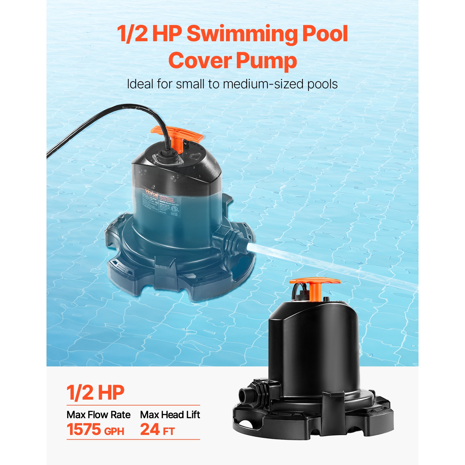 VEVOR 1/2 HP 1575 GPH Pool Cover Pump, 120V Submersible Swimming Pool Cover Pump with 25 ft Power Cord, 24 ft Max Head Lift, Water Removal and