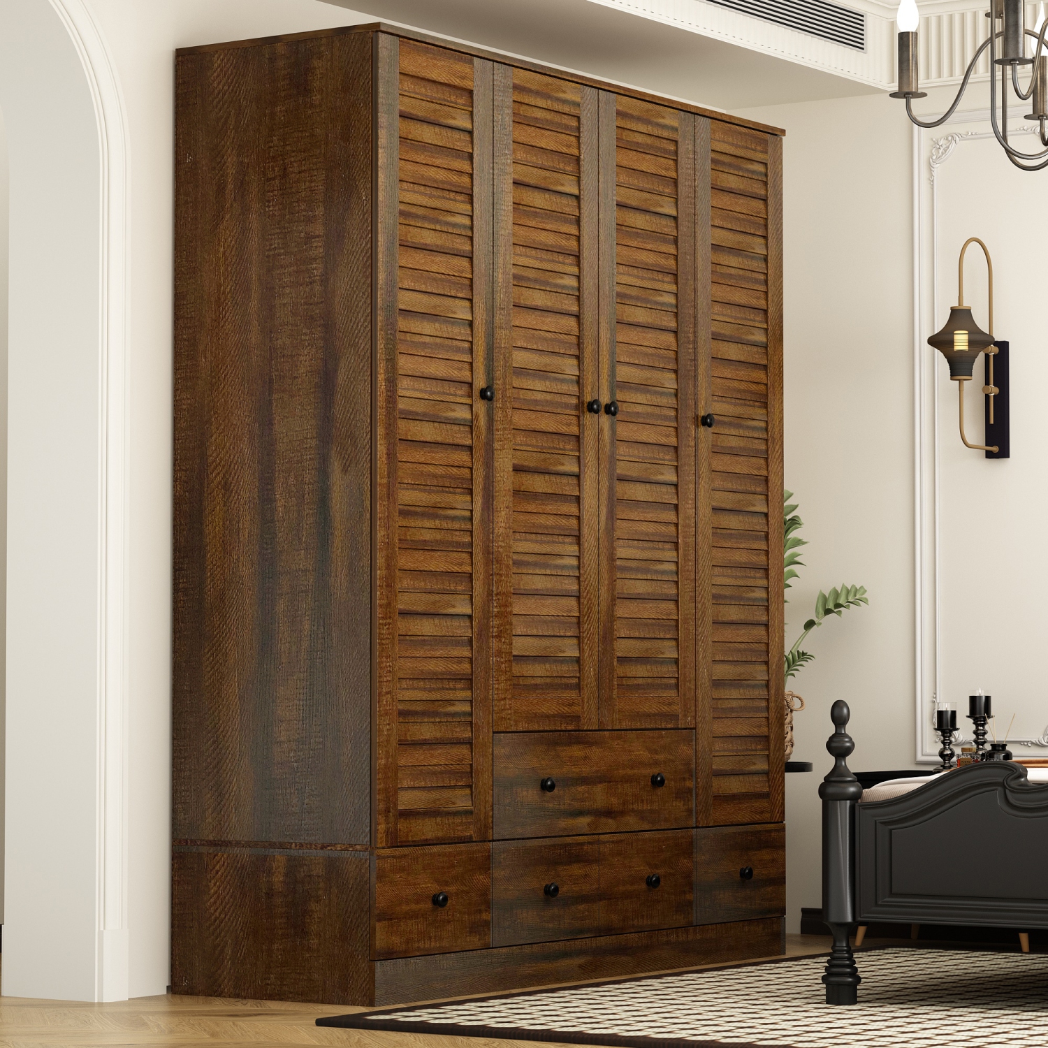 Armoire à 4 portes brune Famapy avec tringles suspendues, 5 tiroirs et tablettes de rangement – Armoire de chambre autonome pour vêtements et