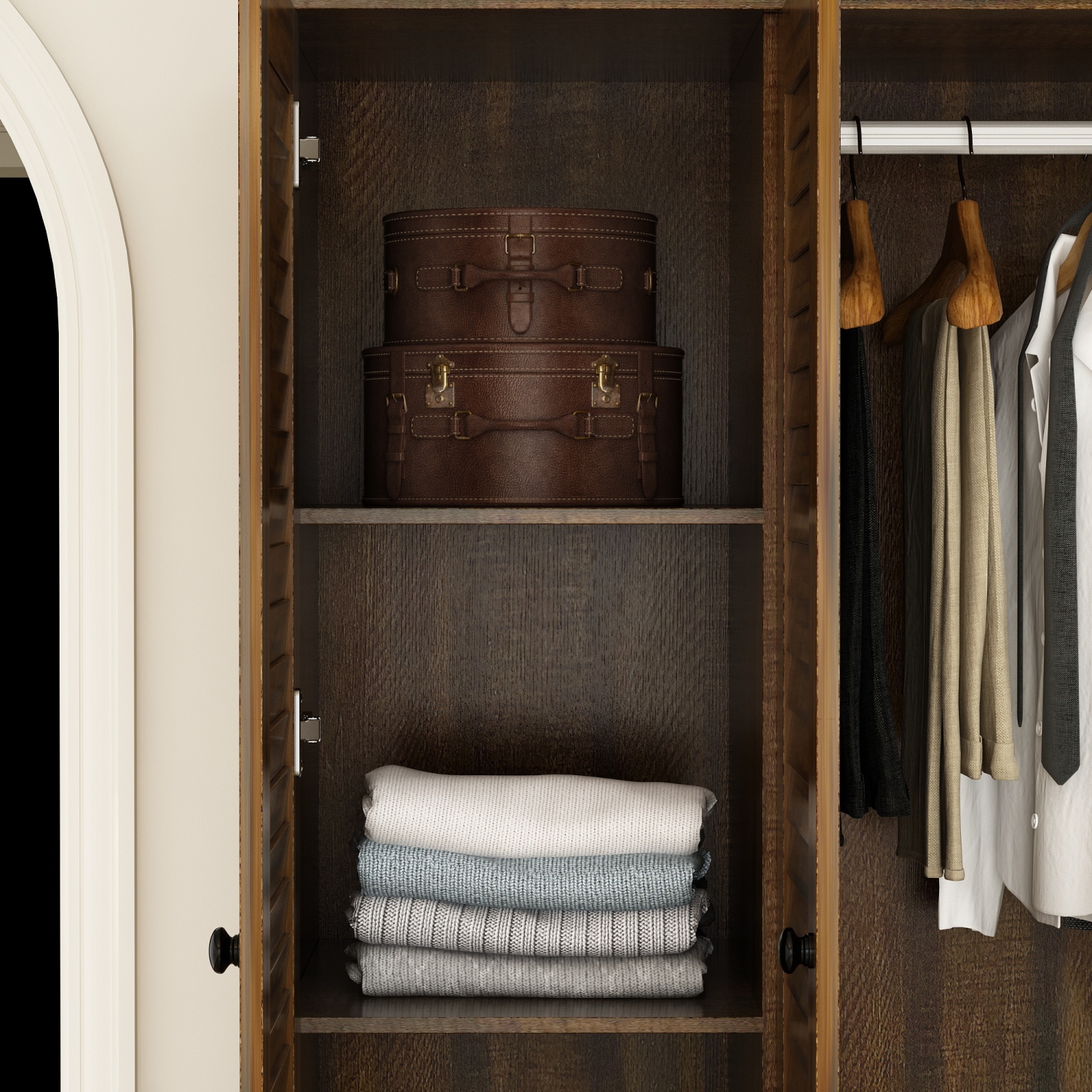 Armoire à 4 portes brune Famapy avec tringles suspendues, 5 tiroirs et tablettes de rangement – Armoire de chambre autonome pour vêtements et