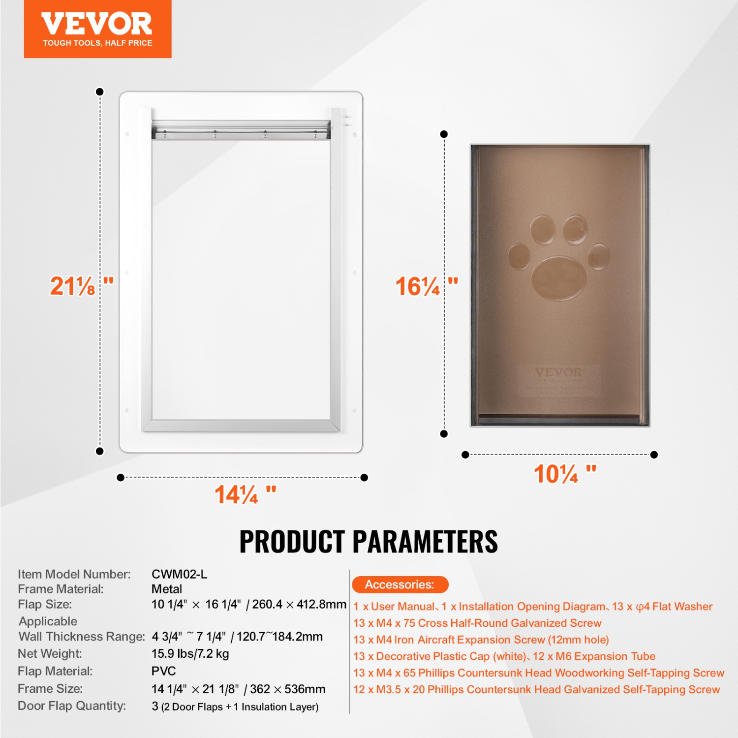 VEVOR 14.25" x 21.1" Pet Door, Metal&nbsp;Frame with Lock and&nbsp;3-Flap System, Weatherproof Doggy Door, Easy to Install, Pet Door Suitable for Cat