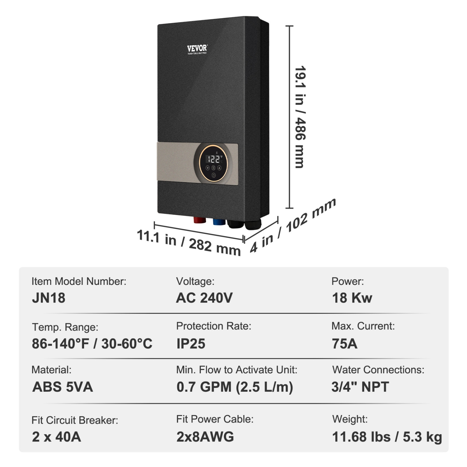 VEVOR 18kw Instant Water Heater, Electric Tankless Water Boiler, Digital Temperature Display & Easy Installation & 24-Hour Water Supply, For Kitchen