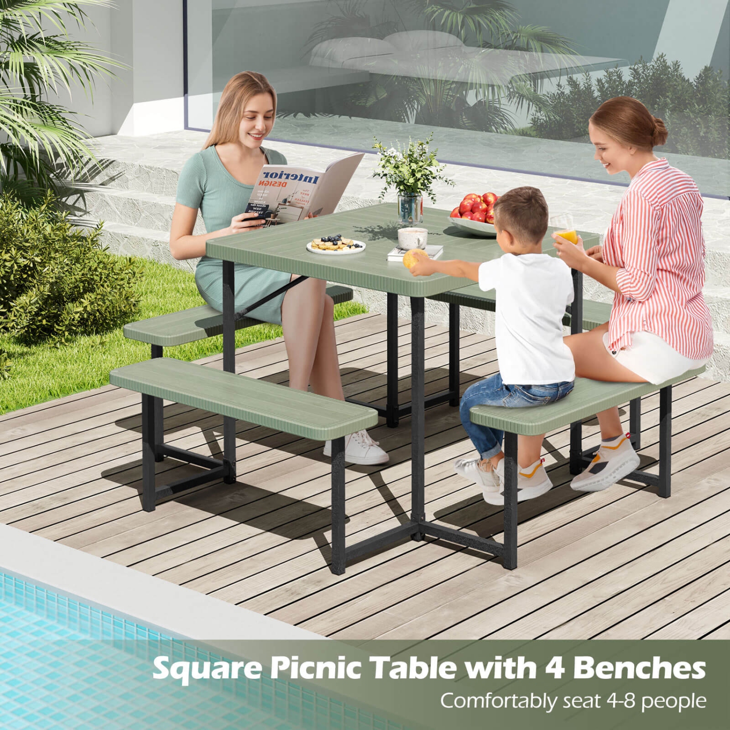 Costway Picnic Table Bench Set for 4-8 People with Umbrella Hole All-Weather HDPE Tabletop White/Green/Gray/Black