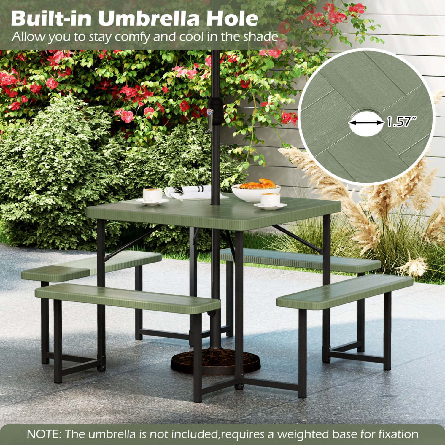 Costway Picnic Table Bench Set for 4-8 People with Umbrella Hole All-Weather HDPE Tabletop White/Green/Gray/Black