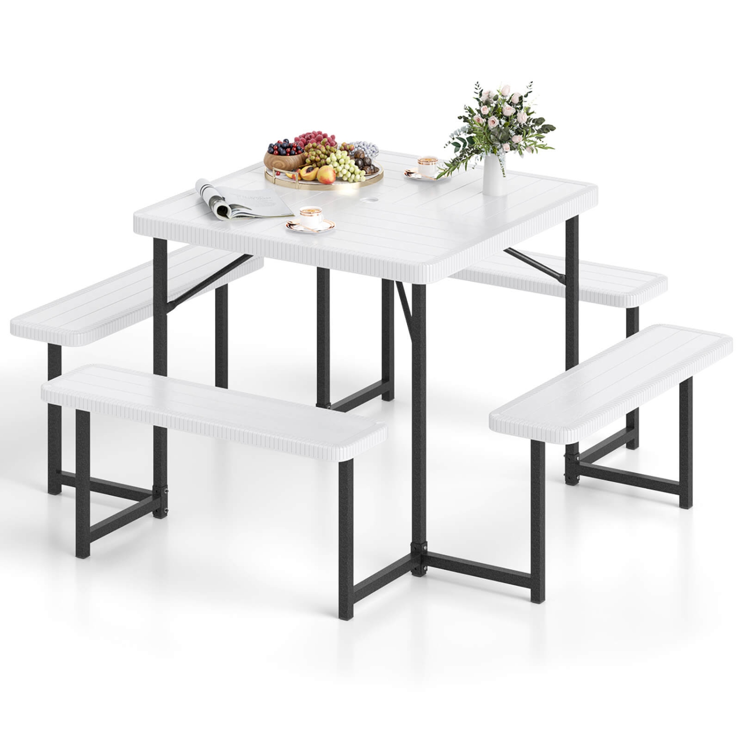 Costway Picnic Table Bench Set for 4-8 People with Umbrella Hole All-Weather HDPE Tabletop White/Green/Gray/Black