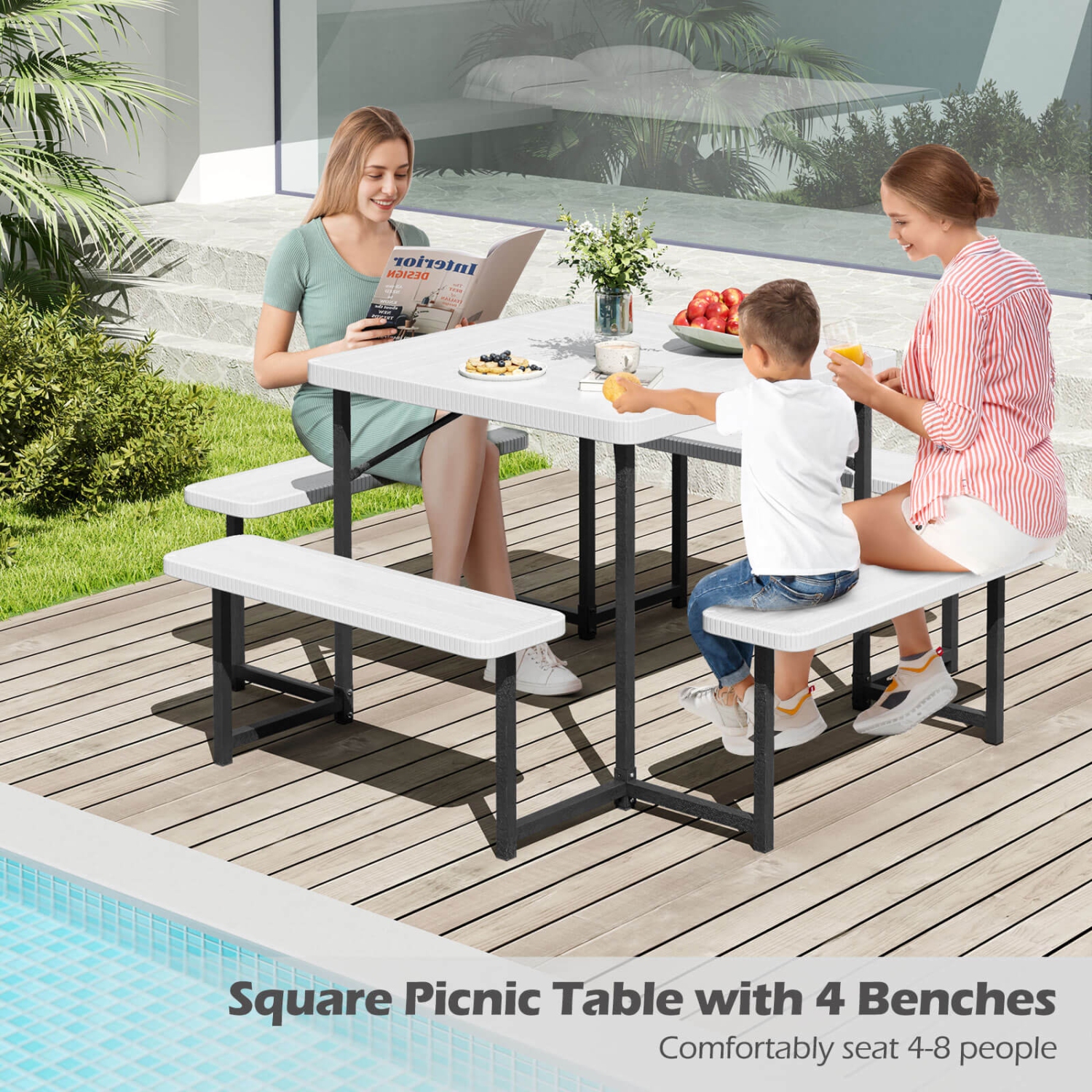 Costway Picnic Table Bench Set for 4-8 People with Umbrella Hole All-Weather HDPE Tabletop White/Green/Gray/Black