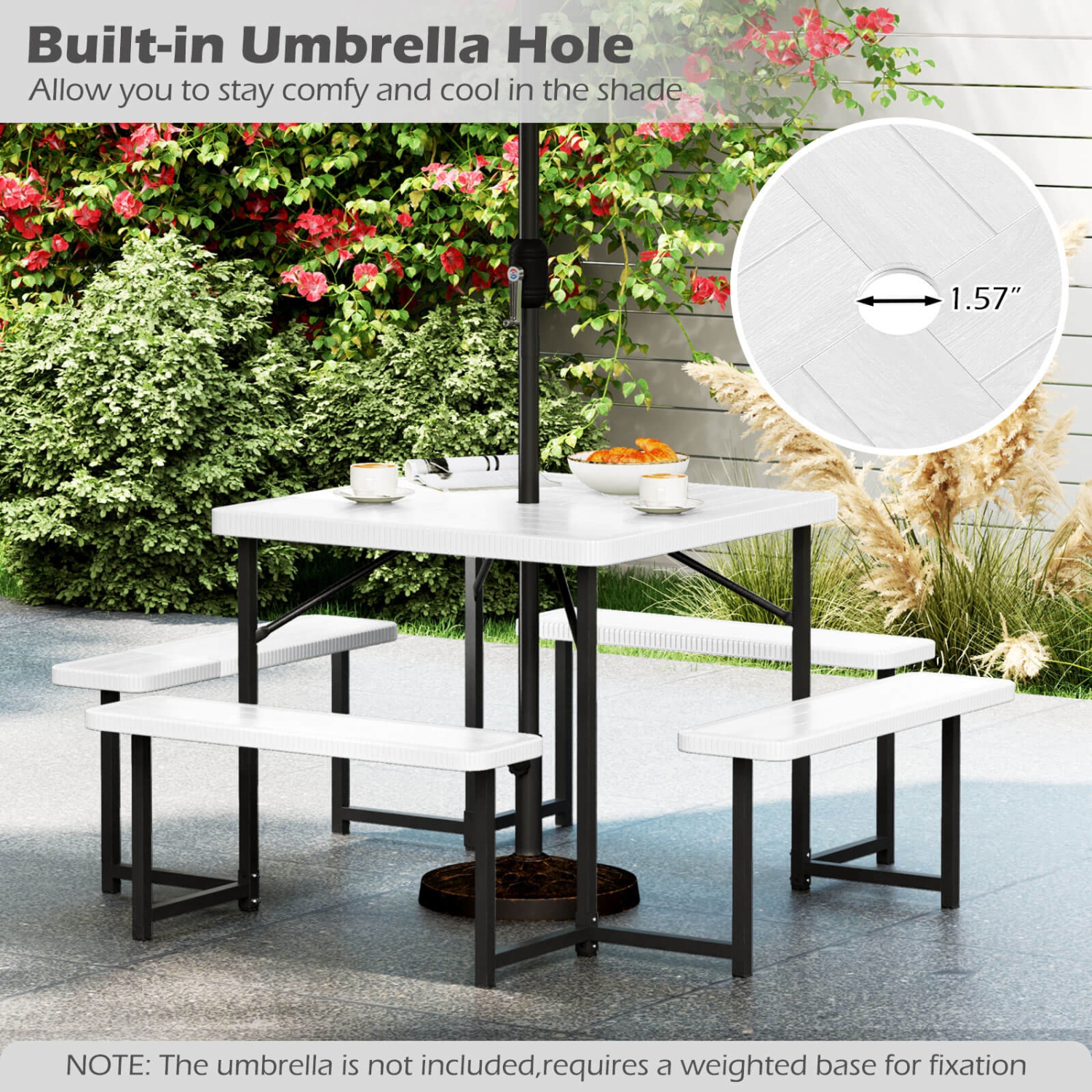 Costway Picnic Table Bench Set for 4-8 People with Umbrella Hole All-Weather HDPE Tabletop White/Green/Gray/Black