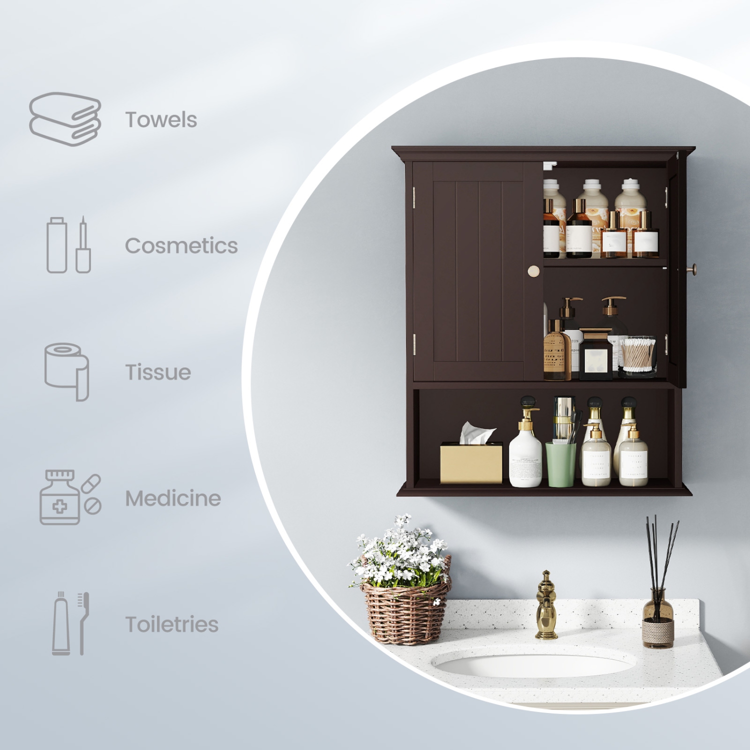 Costway Wall Mount Bathroom Cabinet Storage Organizer Medicine Cabinet Brown/Black